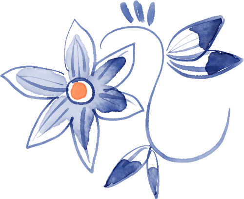 Illustration einer stilisierten Blume im Delfter Stil – tiefblau mit orangefarbener Mitte und geschwungenen Blätterranken auf transparentem Hintergrund.