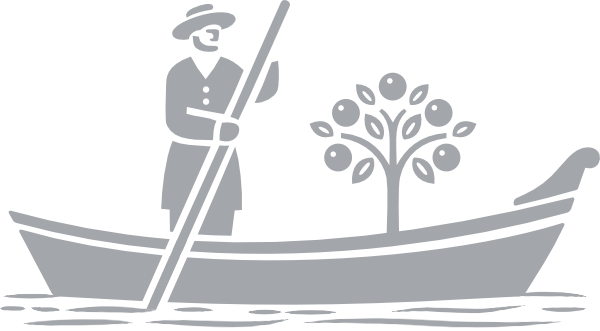 Logo von Veerman Bestattungen Oranienbaum: stilisierter Fährmann mit Baum im Boot als Symbol für Übergang, Naturverbundenheit und regionale Verwurzelung.