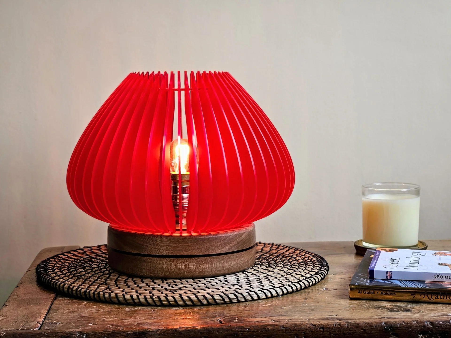 Frosted Perspex and Sapele Hardwood Table Lamp in Chili Red.