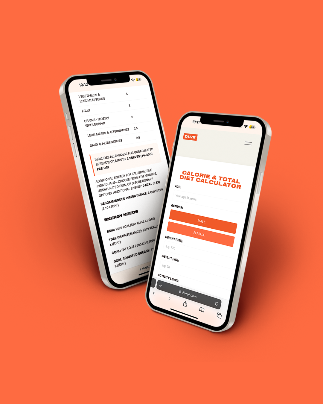 Two smartphones display diet and calorie calculator apps against an orange background.