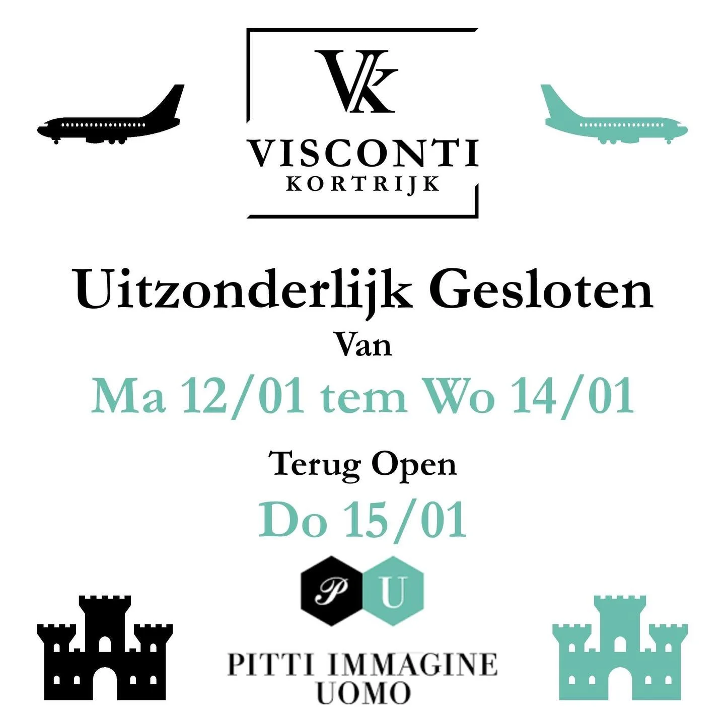 Beste klanten, 

Van Ma 12/01 tem Wo 14/01 zijn wij uitzonderlijk gesloten. 

Om jullie in het volgende seizoen de nieuwste kledij te kunnen aanbieden gaan wij inspiratie zoeken bij @pittiuomo_official ! 

Vanaf donderdag 15/01 staan wij terug voor j