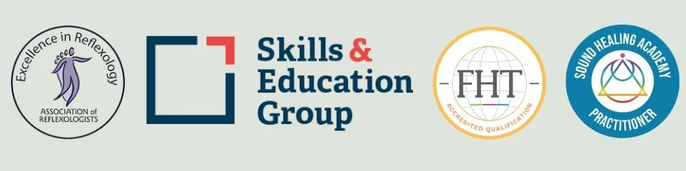 logo for industry regulating bodies. logo for association of reflexologists. logo for AoR. logo for Skills and Education group qualification. bade for Federation of Holistic Therapists. Badge for Sound Healing Practitioner qualification