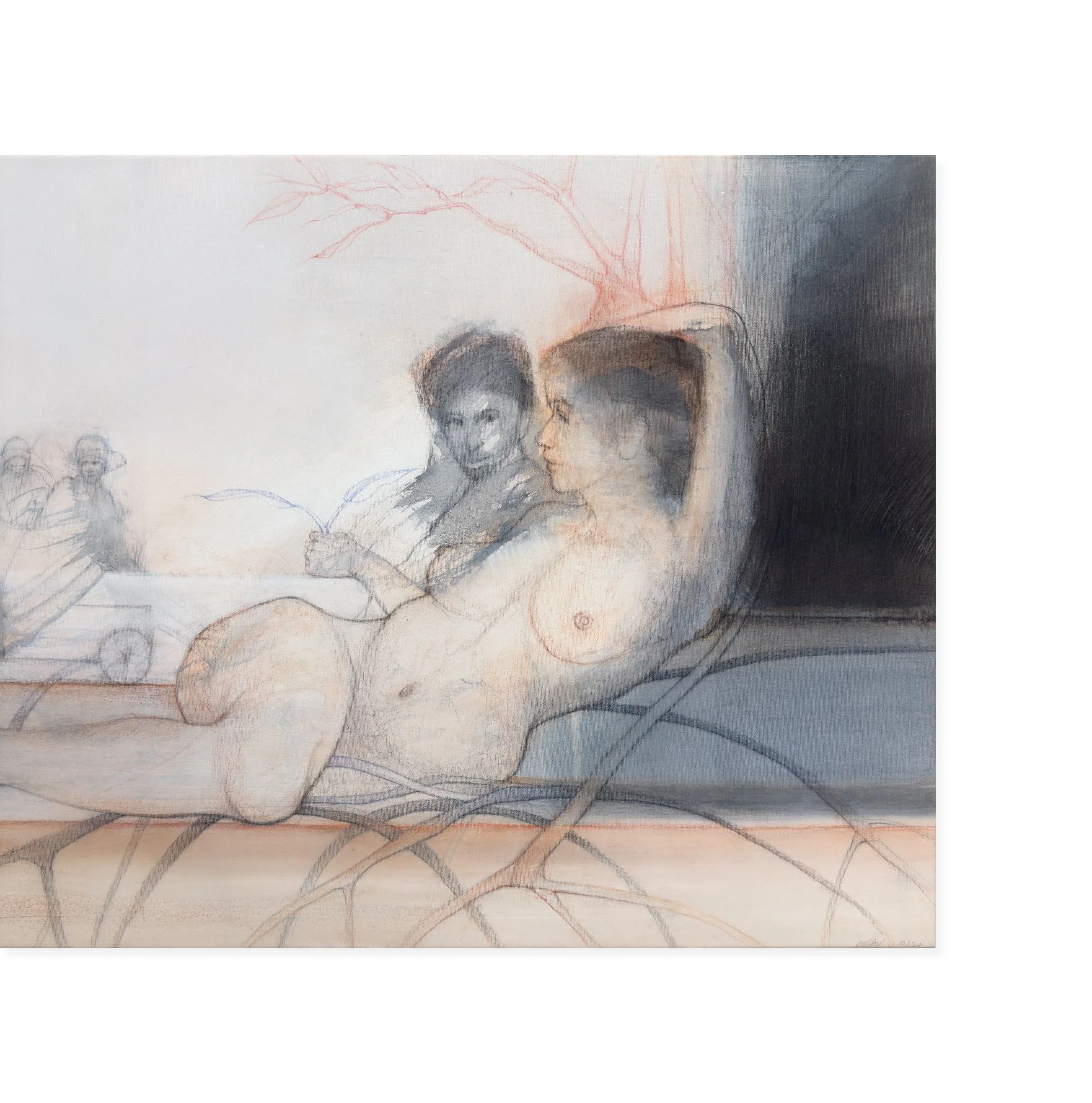 Right detail of Afrodita Caribe — La danza by Rafael Dussan, showing a reclining nude woman with one arm raised above her head.