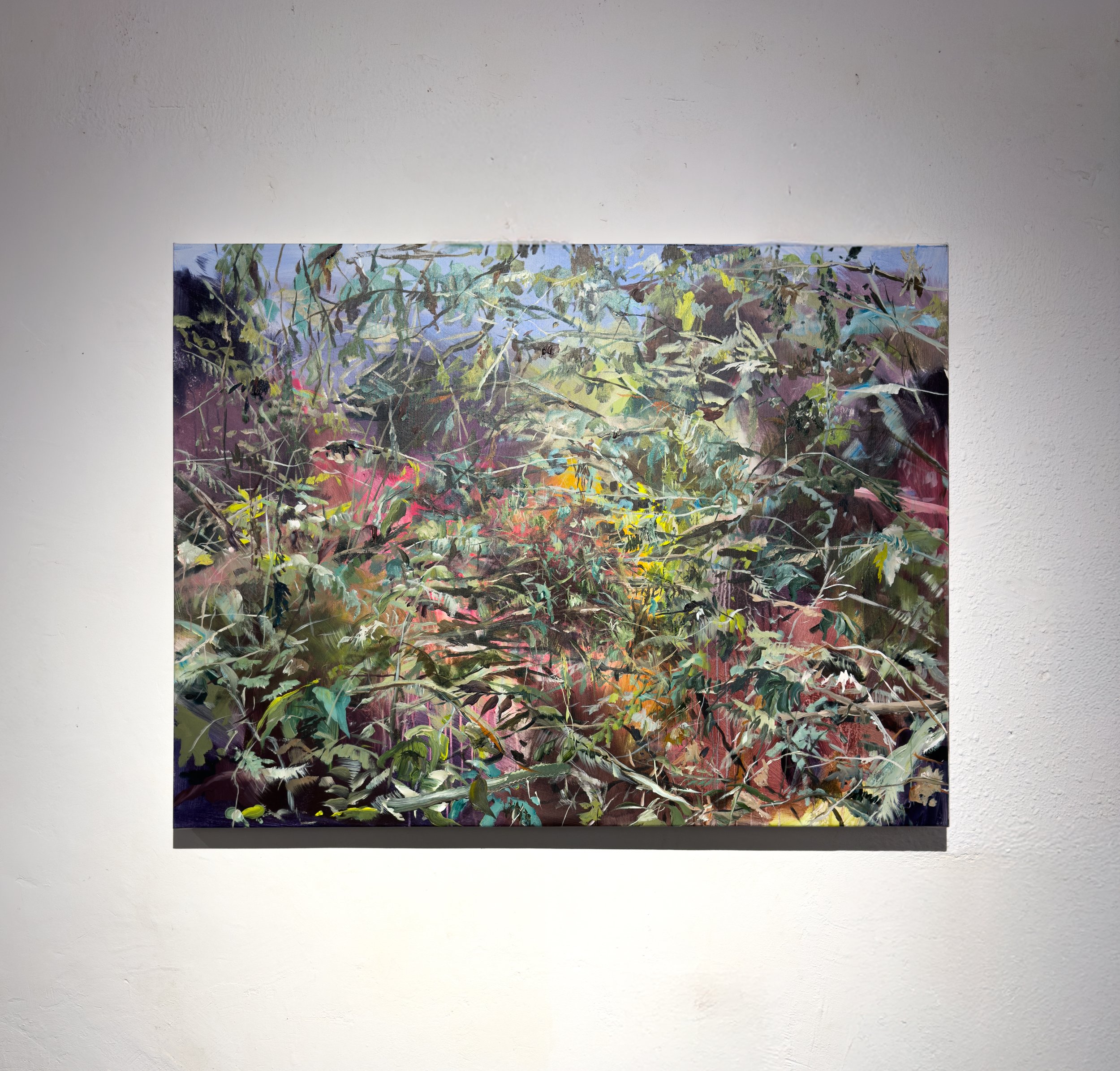 Horizontal painting by Lori Goldberg featuring dense branchwork over an ombre background with highlighted detailed leaves.
