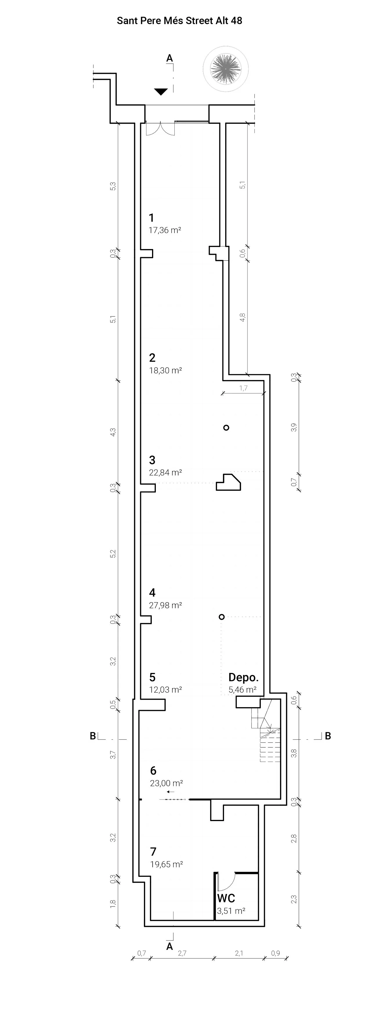Architectural floor plan of Matiz Gallery showing seven exhibition rooms, storage area, and amenities at Sant Pere Més Alt 48, Barcelona.