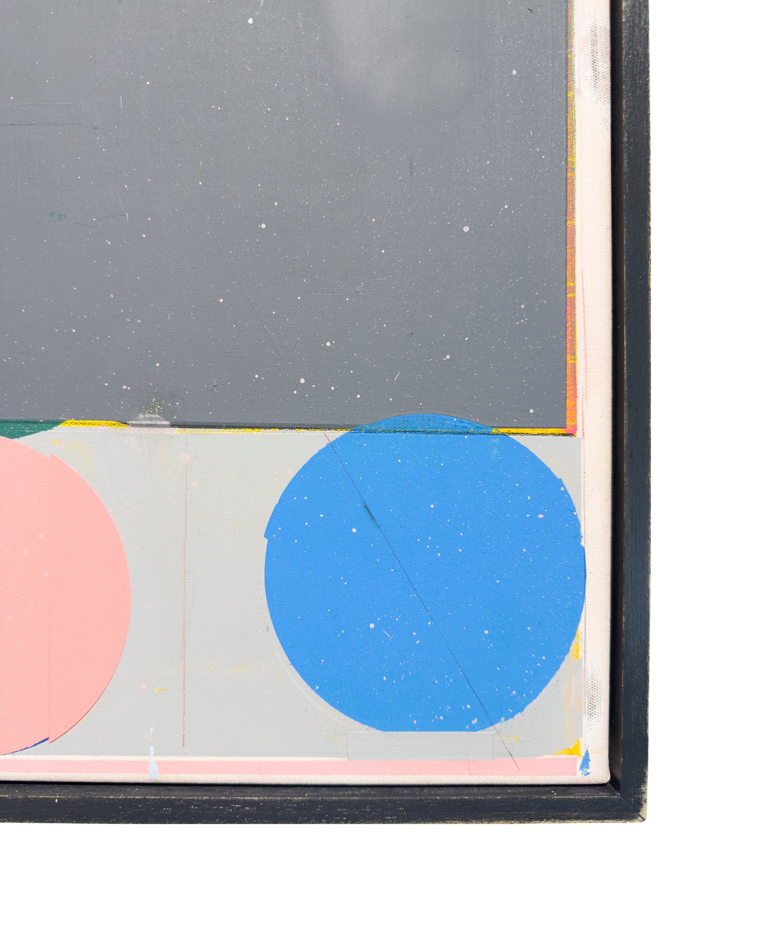 Lower-right detail of Alberto Ruiz Villar painting with blue circle, grey field, graphite line and layered surface