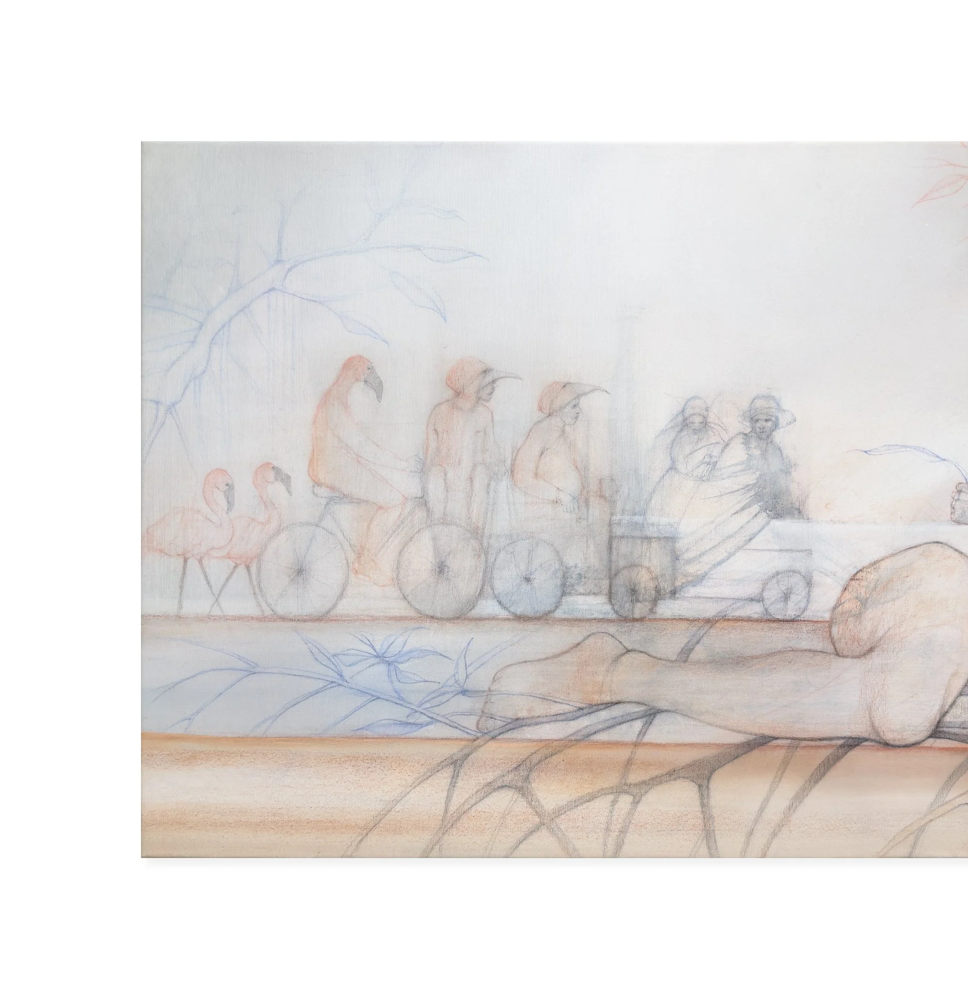 Left detail of Afrodita Caribe — La danza by Rafael Dussan, showing flamingos, birdlike figures and mangrove branches.