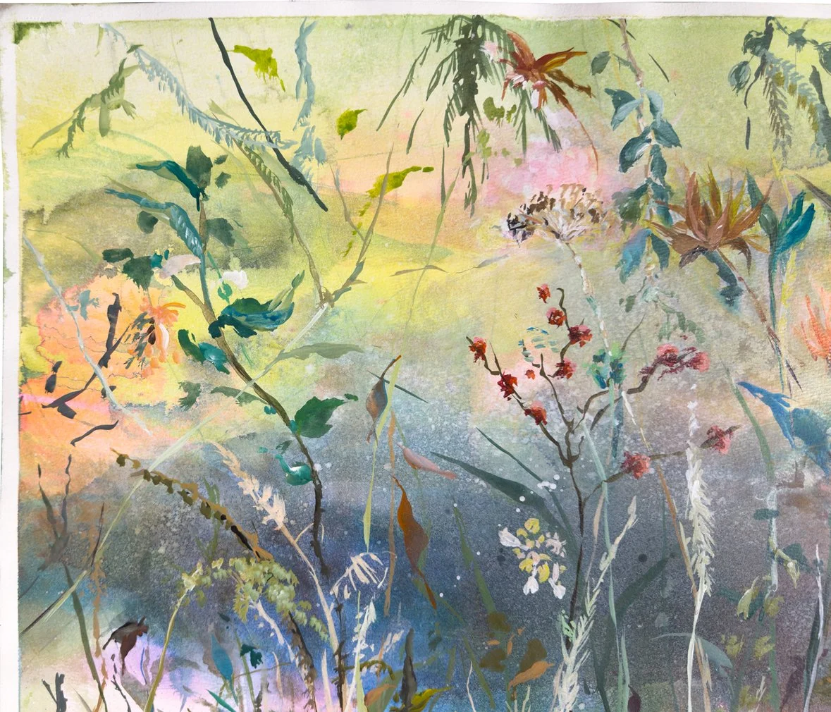 Close-up of the left section, highlighting botanical silhouettes layered over washes of yellow-green and pale violet, with subtle pink transitions.