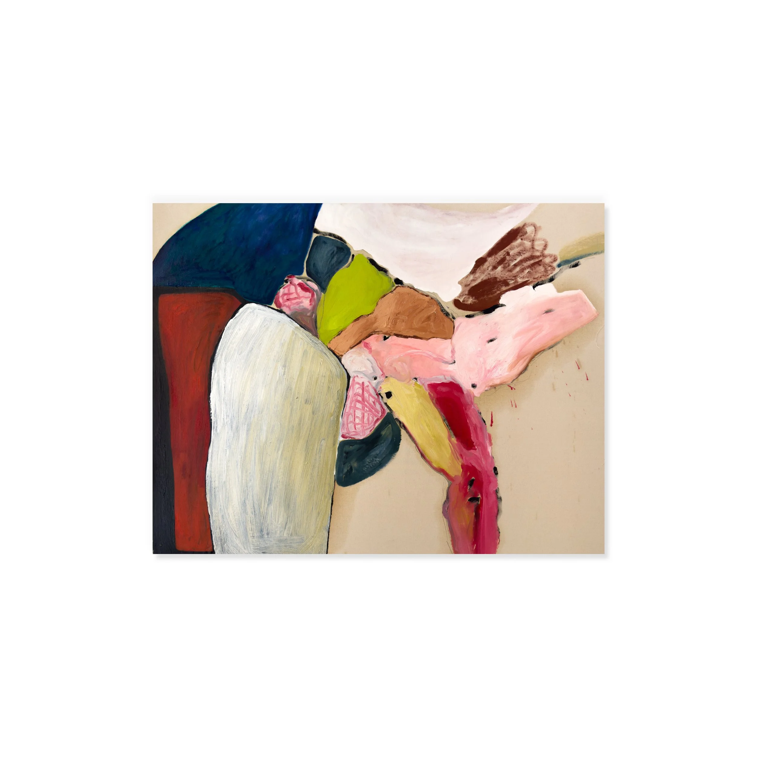 Pintura abstracta de Nina Akhobadze con formas rosas, verdes, crema y oscuras, en Among Us.