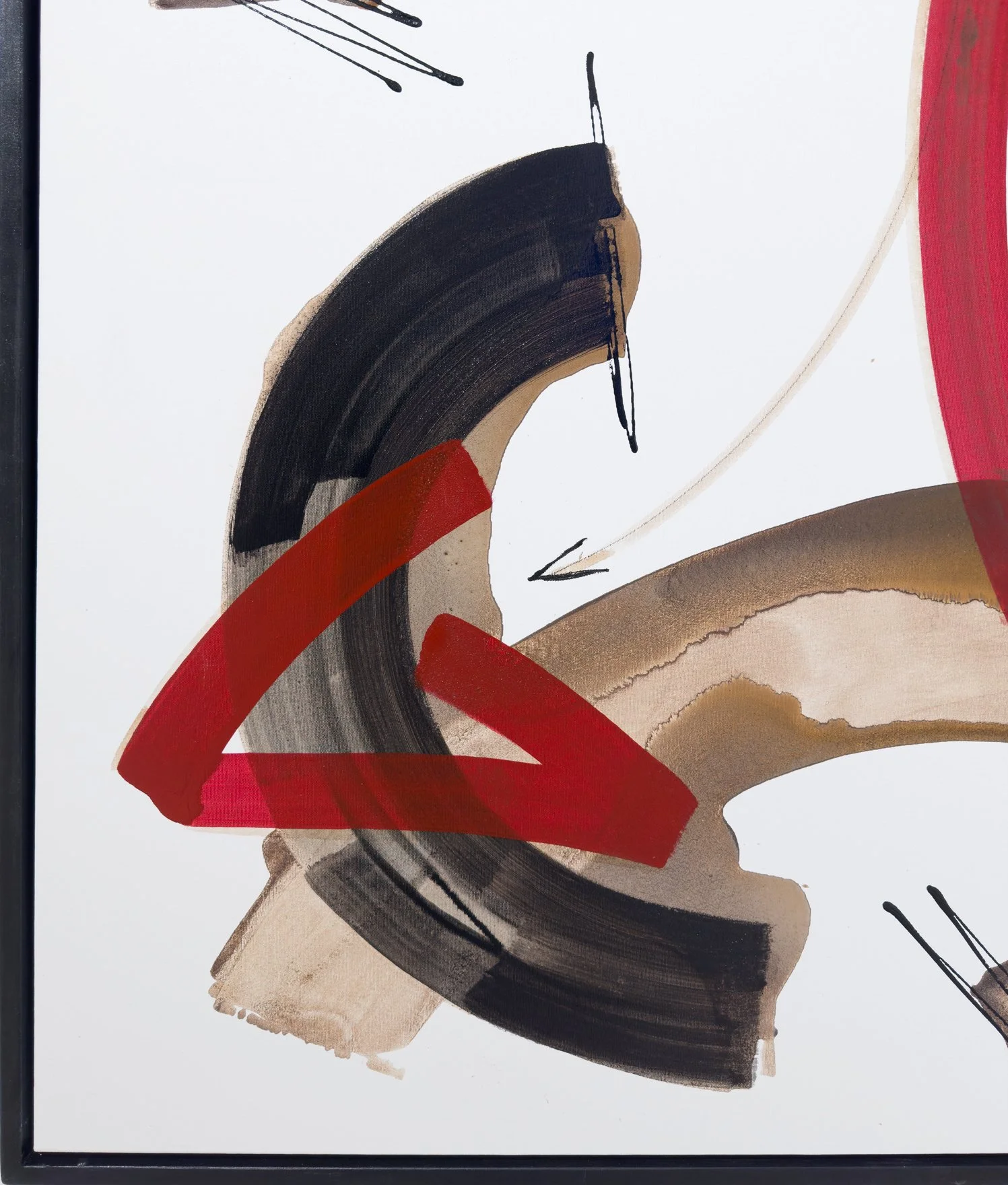 Close-up of symbolic elements including directional marks and layered brushwork on white canvas.