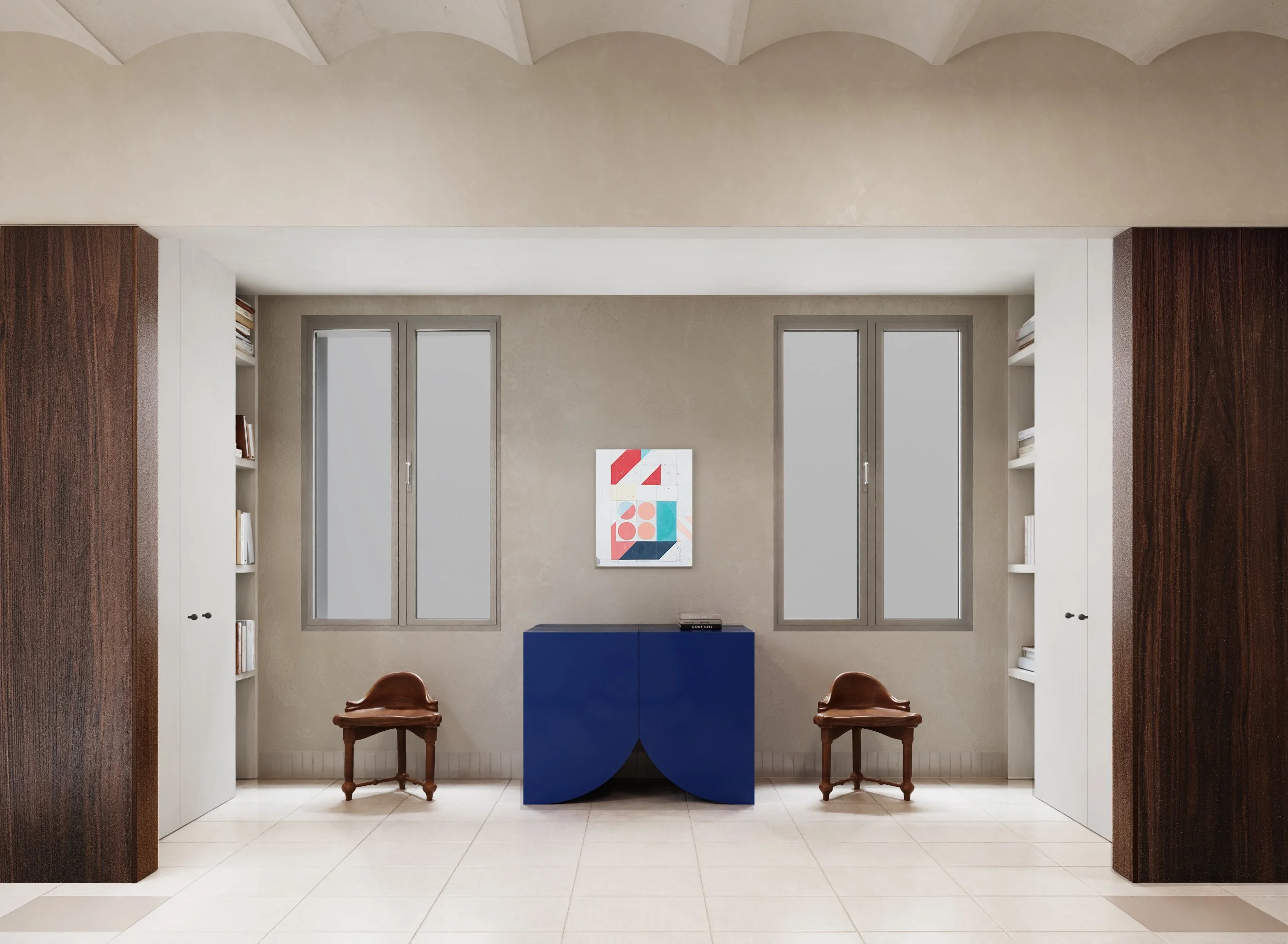 Interior rendering of a Barcelona apartment entry hall with an artwork by Alberto Ruiz Villar above a blue BD Barcelona Bridges Small cabinet by Muller Van Severen.