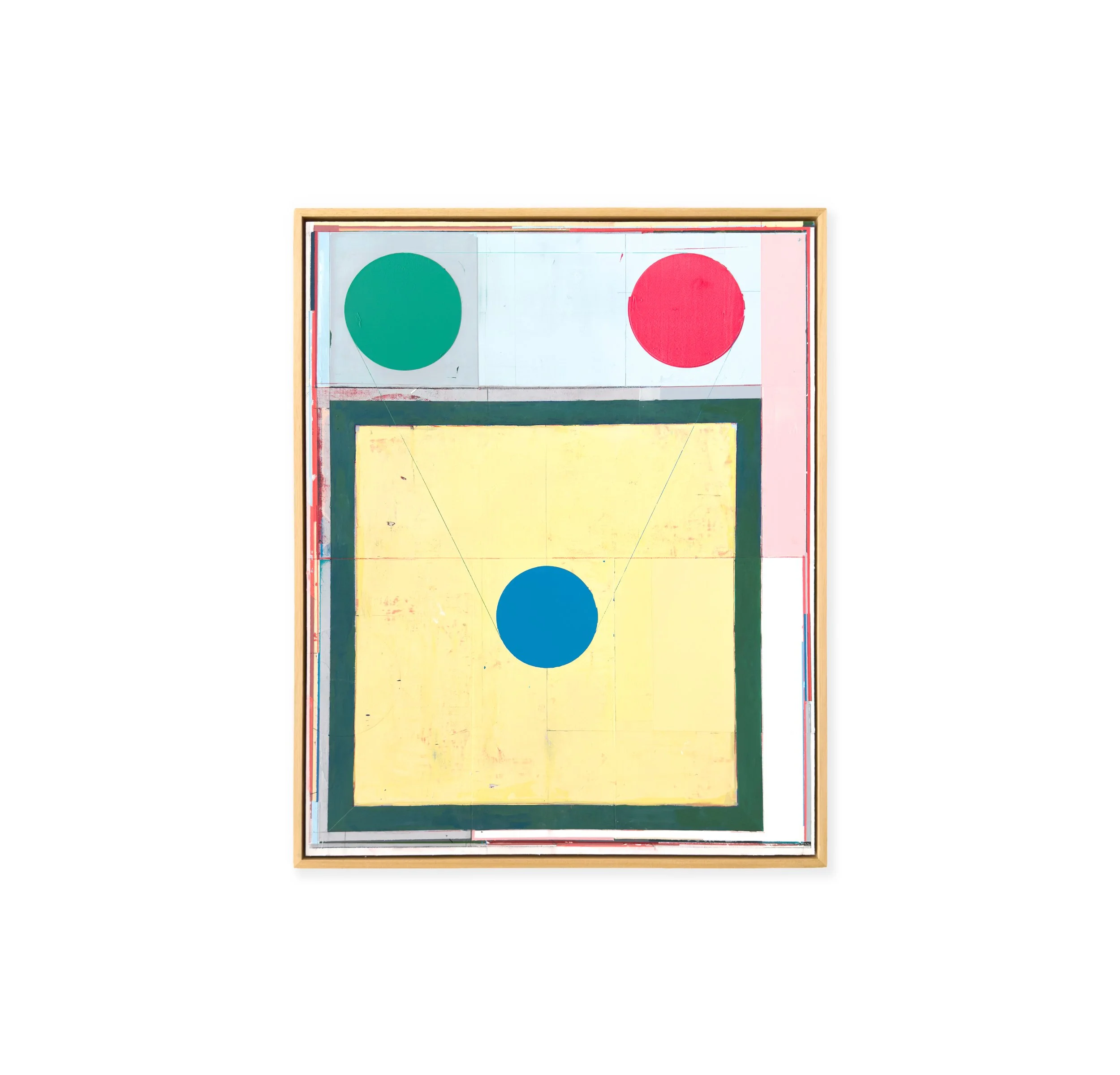 Framed geometric abstract painting by Alberto Ruiz Villar at Matiz Gallery Barcelona, with three circles and layered grid lines