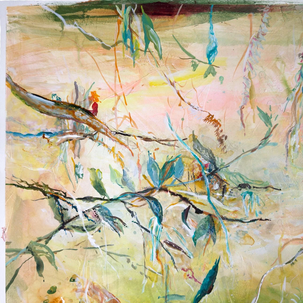 Zoomed-in view of the right side, showing thick leaves and curving lines suspended in warm, earthy tones and soft yellow washes.