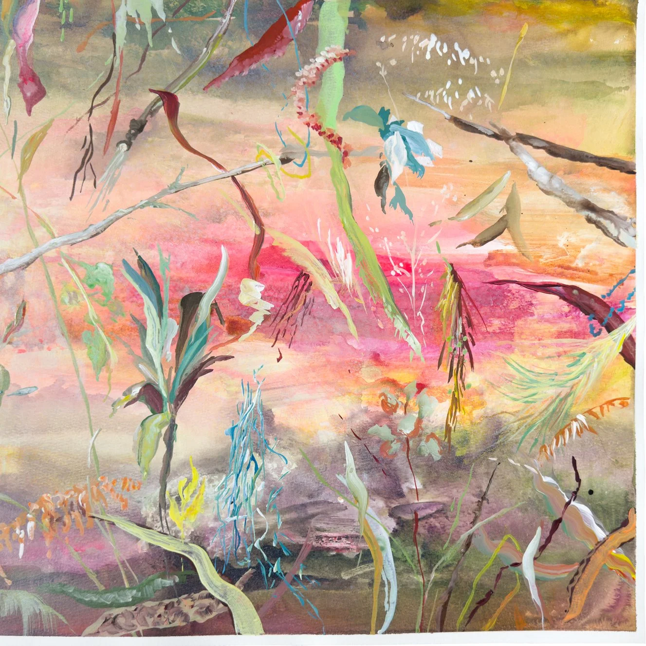 Zoomed-in view of the right side of the painting, highlighting fine brushwork of leaves and stems suspended over a fluid, watercolor-like surface.