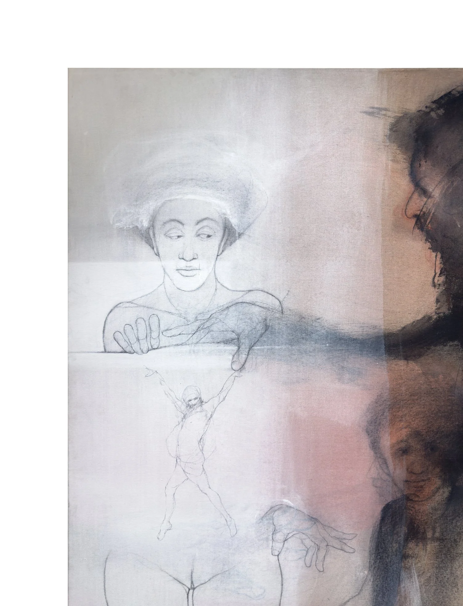 Upper-left detail of Conquistando Libertades II by Rafael Dussan, showing the woman’s face and finely drawn hands.