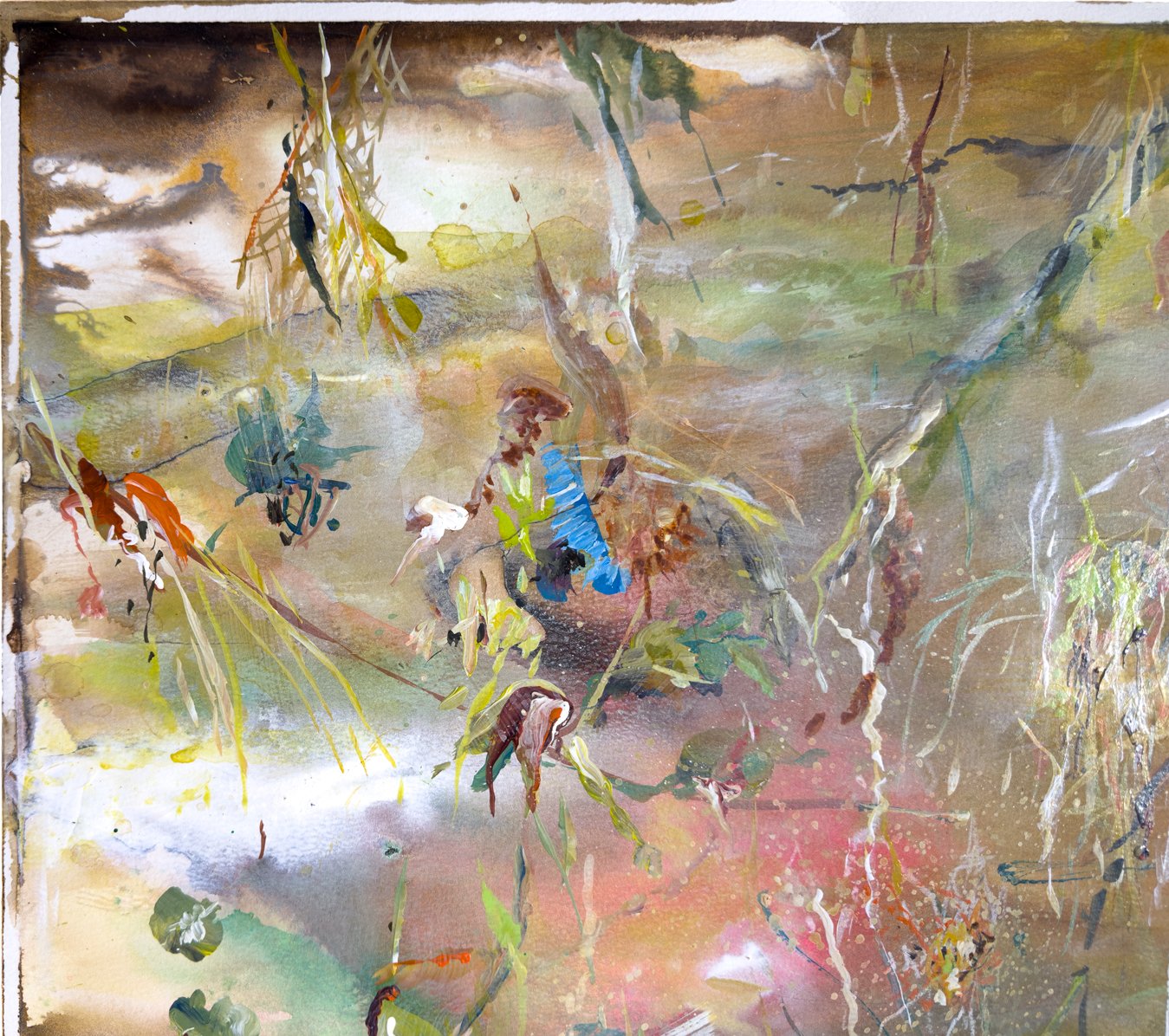 Close-up of the left section, showing soft foliage emerging from browns and blues, with white accents catching the light.