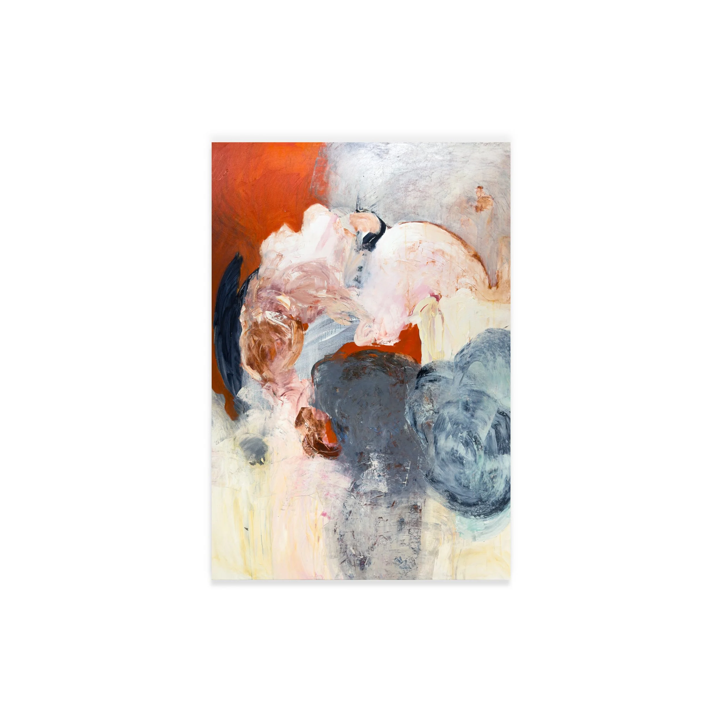 Pintura abstracta texturitzada de Nina Akhobadze en tons taronja, crema, gris i blau, a Among Us.