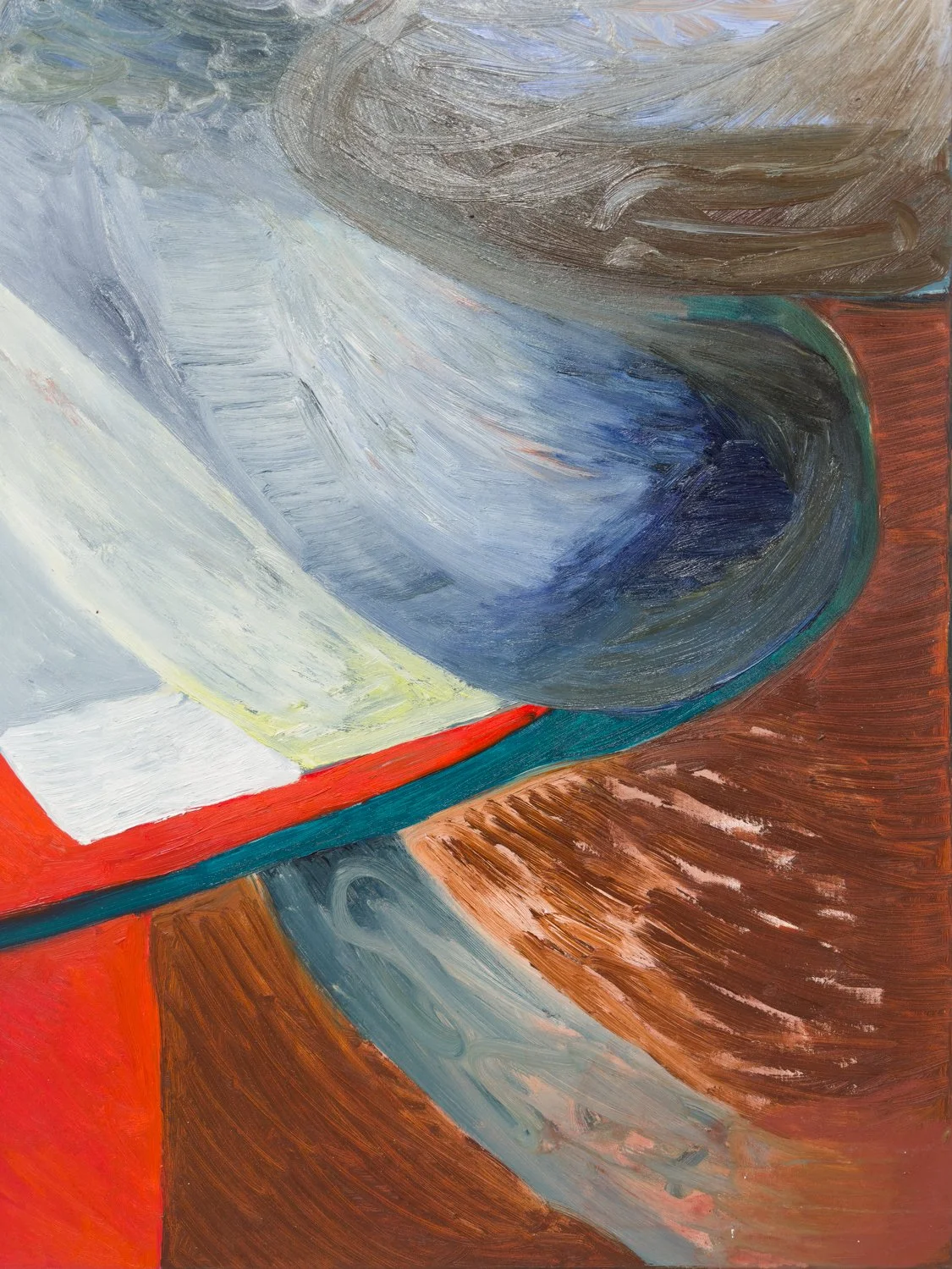 Close-up of the bottom-right section of Untitled 04 by Nina Akhobadze, showing brown and red forms pressing together with textured surfaces.