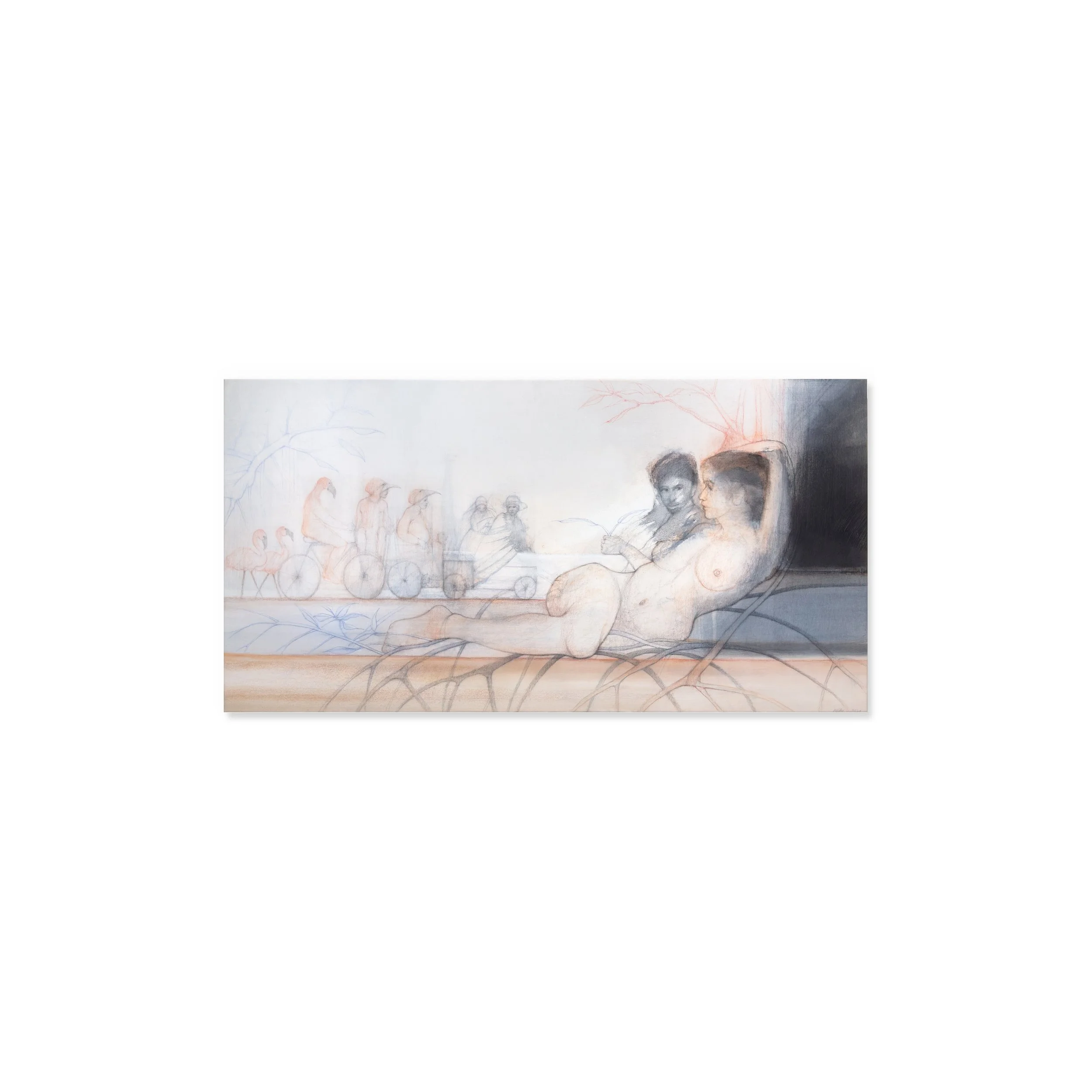 Afrodita Caribe — La danza by Rafael Dussan, a reclining nude woman above mangrove roots, with flamingos and smaller figures.