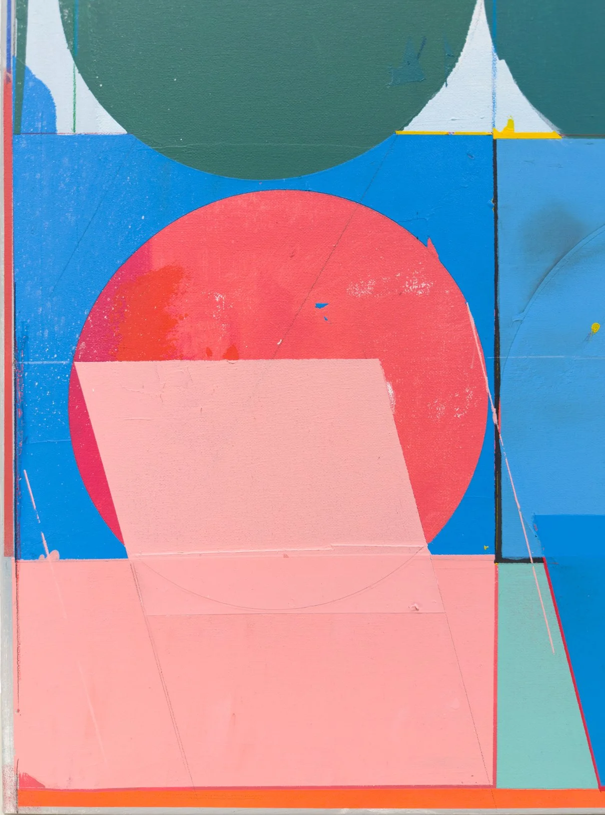 Lower left detail highlighting a rose-red accent creating tension within Alberto Ruiz Villar’s structured abstract composition.