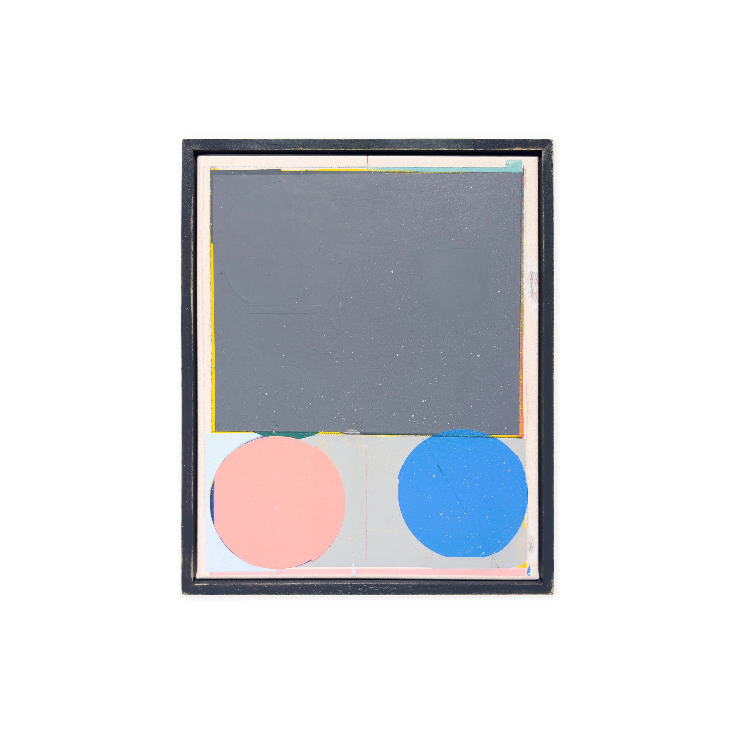 Alberto Ruiz Villar, 24022026, small abstract painting with grey field, pink and blue circles at Matiz Gallery Barcelona