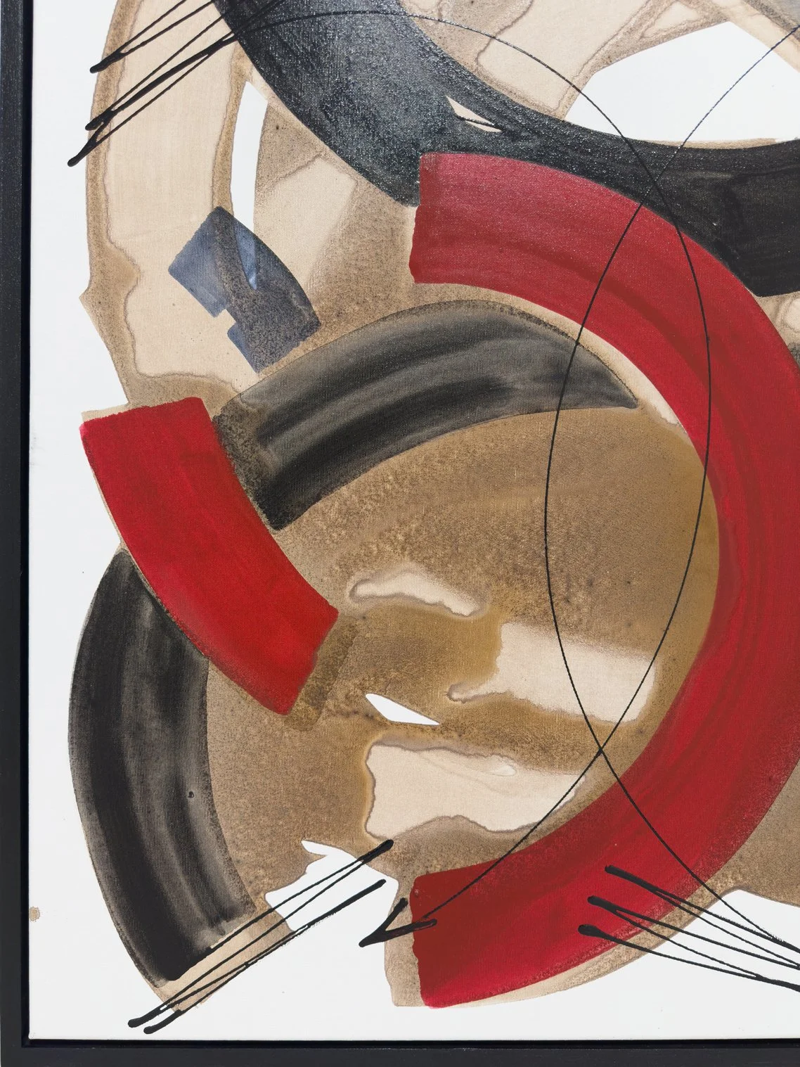 Close-up of symbolic arrow-like marks integrated within layered pigment and coffee textures.