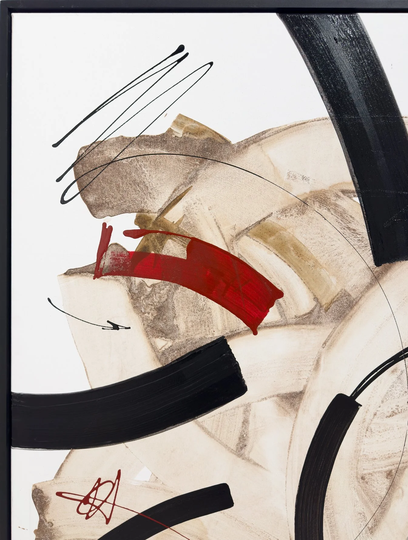 Close-up of the upper-left corner of Jordi Artigas’s abstract painting, showing layered black calligraphic strokes over white canvas and subtle coffee textures emphasizing material depth.