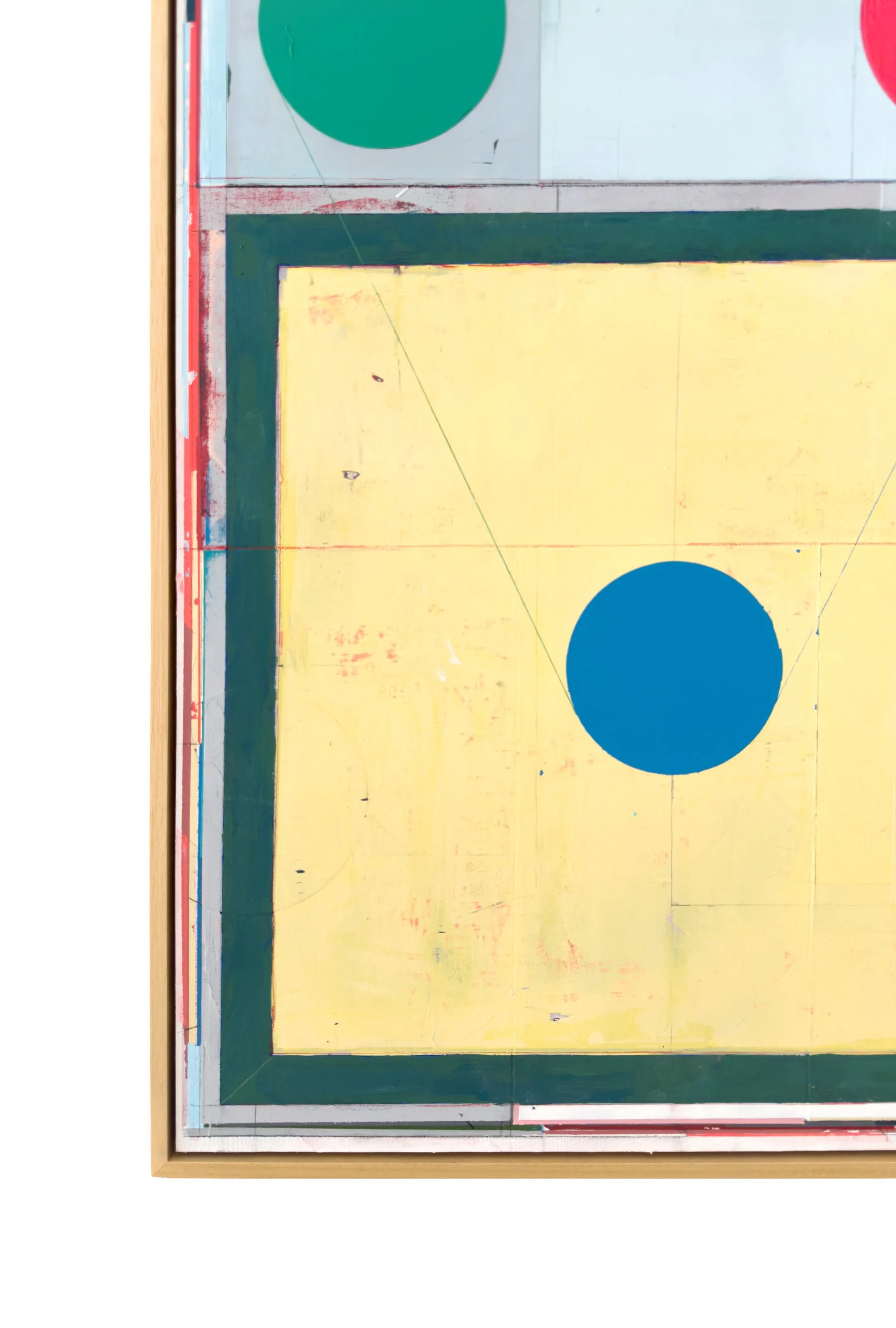 Detail of yellow field and blue circle in Alberto Ruiz Villar’s geometric abstract painting