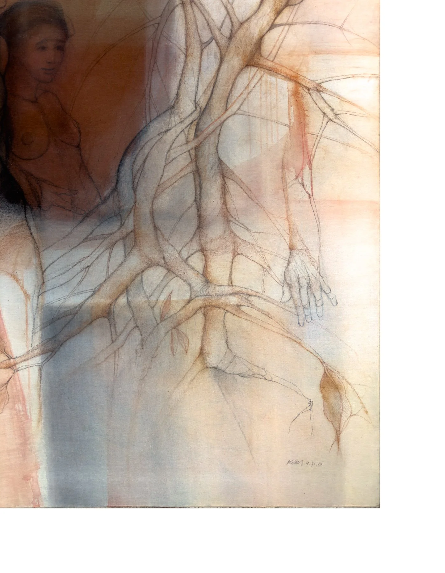 Lower-right detail of Conquistando Libertades I by Rafael Dussan, showing mangrove roots against a pale background.