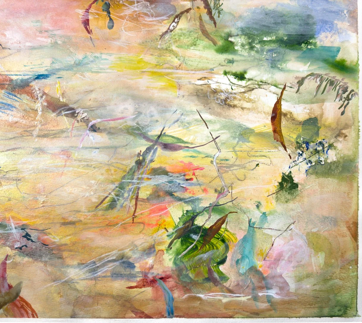 Zoomed-in view of the right section, highlighting delicate leaf forms emerging from a misty blend of cool greens and warm pastel tones.