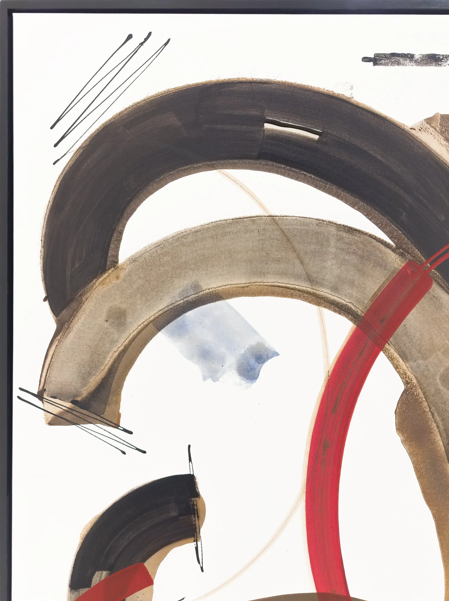 Close-up showing layered coffee stains and translucent washes interacting with black gestural strokes on white canvas.