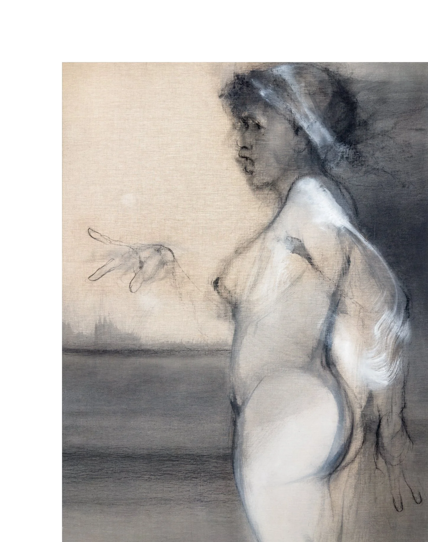 Upper section of Guiomar Bras by Rafael Dussan, showing details of the figure and charcoal drawing.