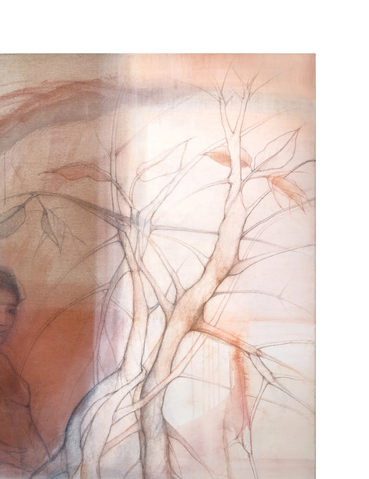 Upper-right detail of Conquistando Libertades I by Rafael Dussan, showing fine mangrove branches and leaves.