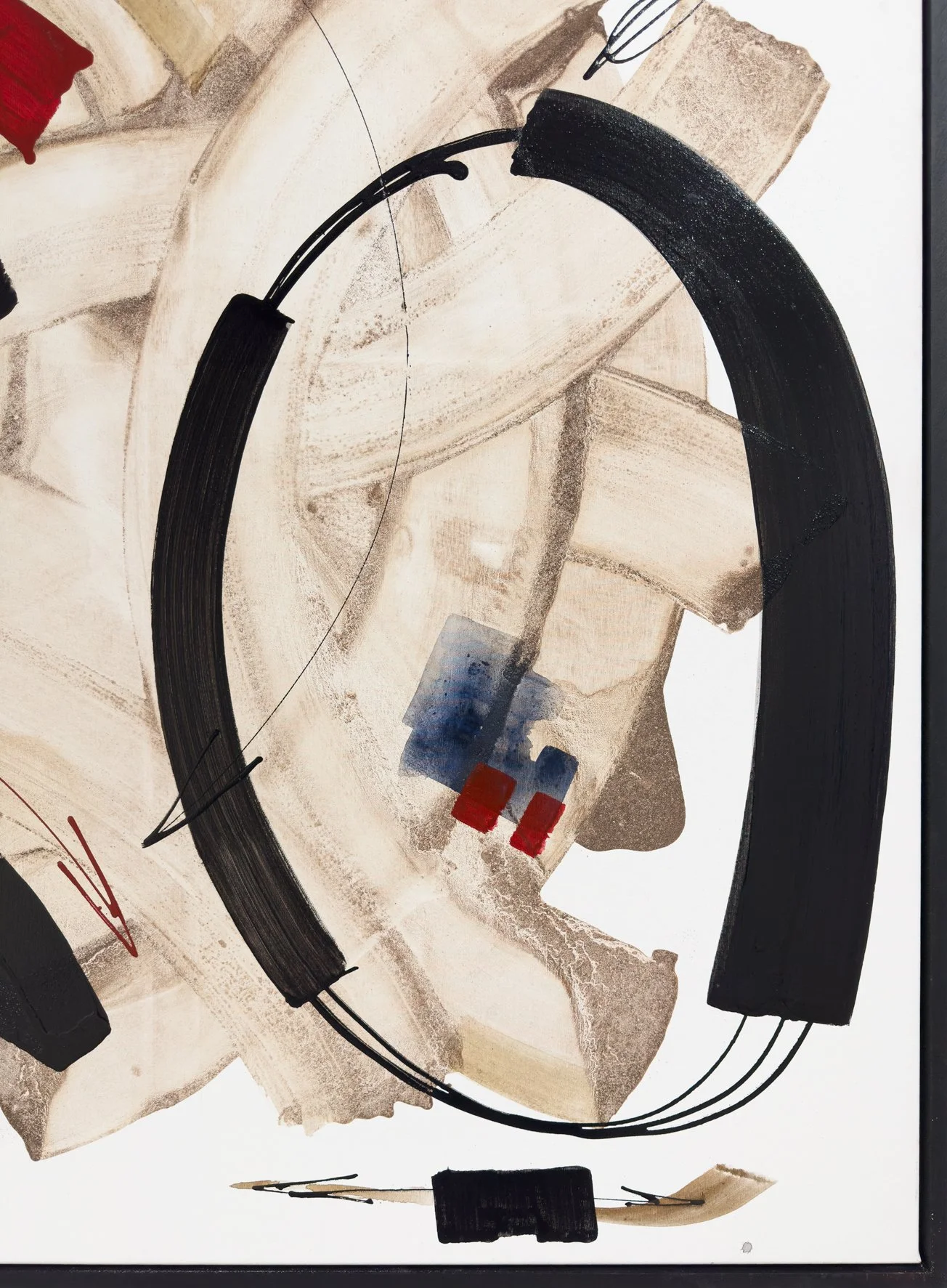 Detail of the painting, showing the contrast between white canvas, dark calligraphic gestures, and material staining, suitable for architectural and interior design contexts.