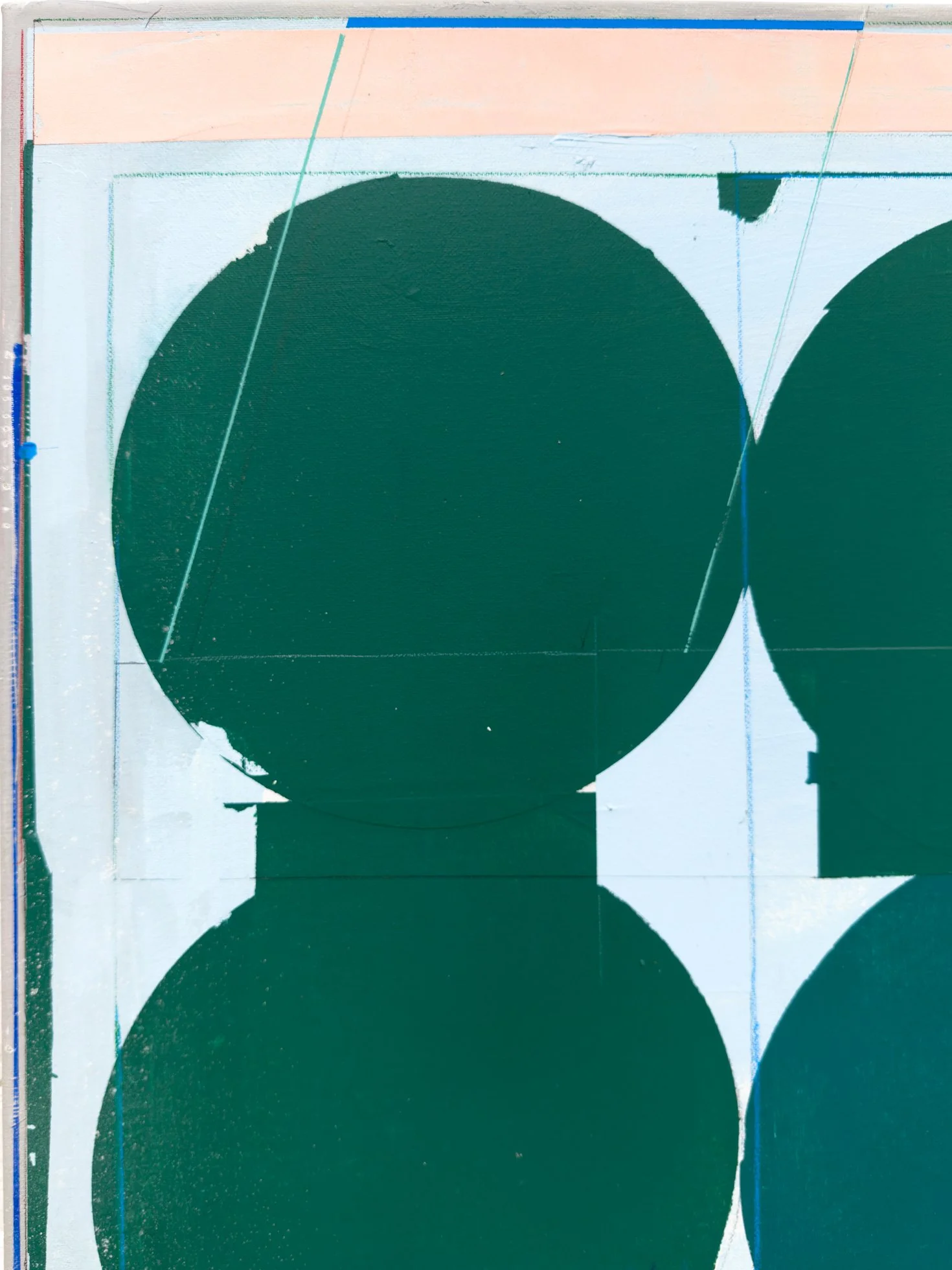 Upper left detail of Alberto Ruiz Villar’s abstract painting showing alpine green circular forms and precise geometric structure.