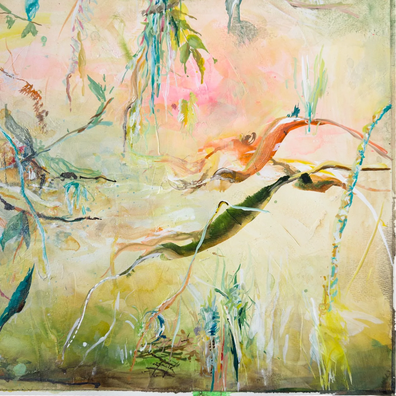 Close-up of the left section, highlighting expressive plant forms and twisting stems over soft watercolor transitions in pink and green.