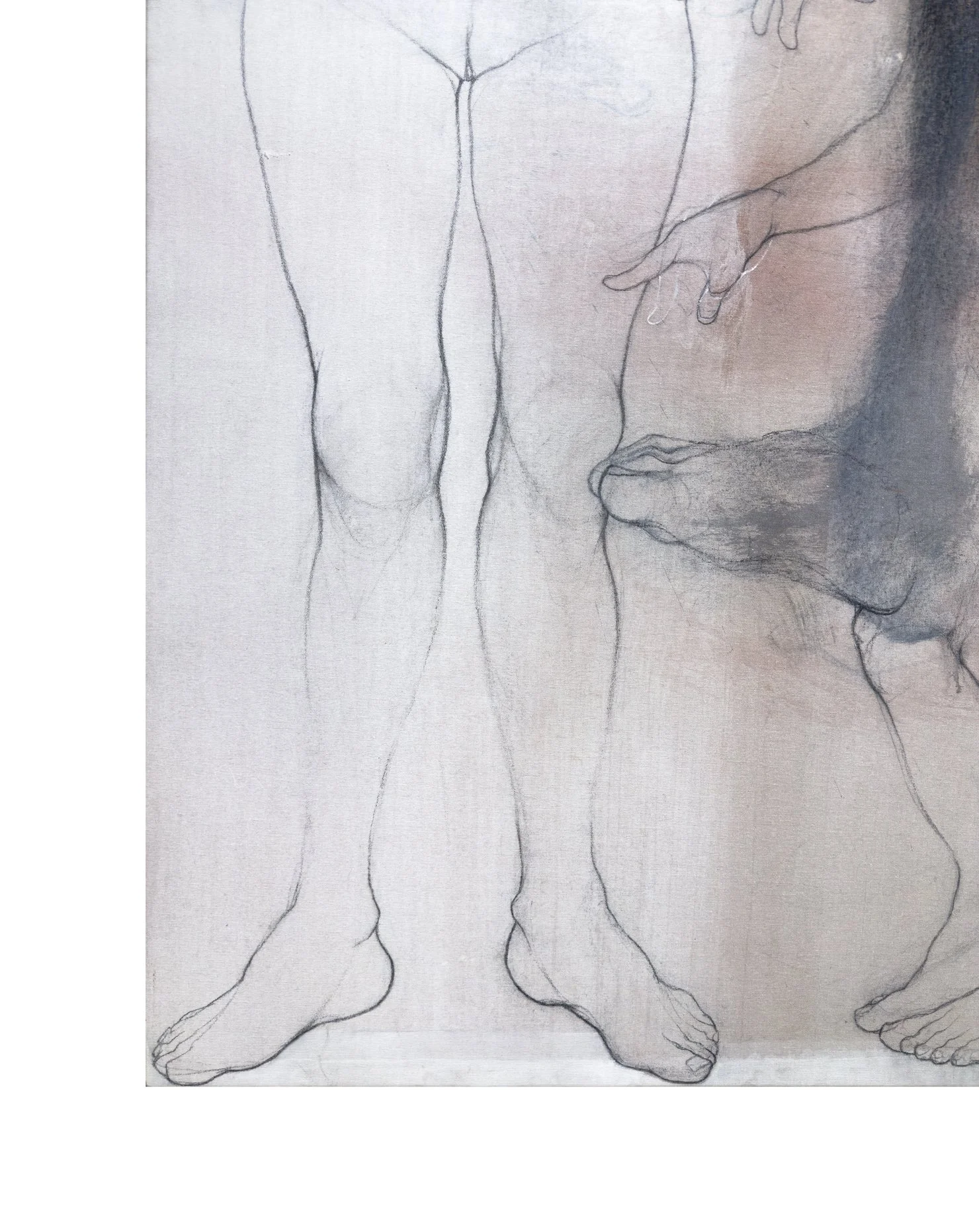 Lower-left detail of Conquistando Libertades II by Rafael Dussan, showing the woman’s legs and feet in delicate outlines.