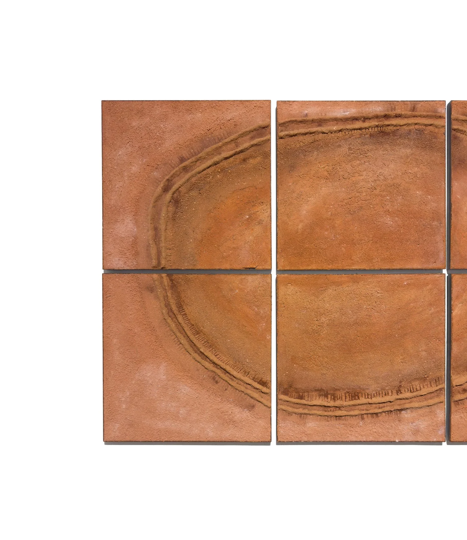 Left detail of Sodeisha: Crawling Through Mud by Adam Weismann, Clayworks, at Matiz Gallery Barcelona; abstract clay surface in earthy red tones.