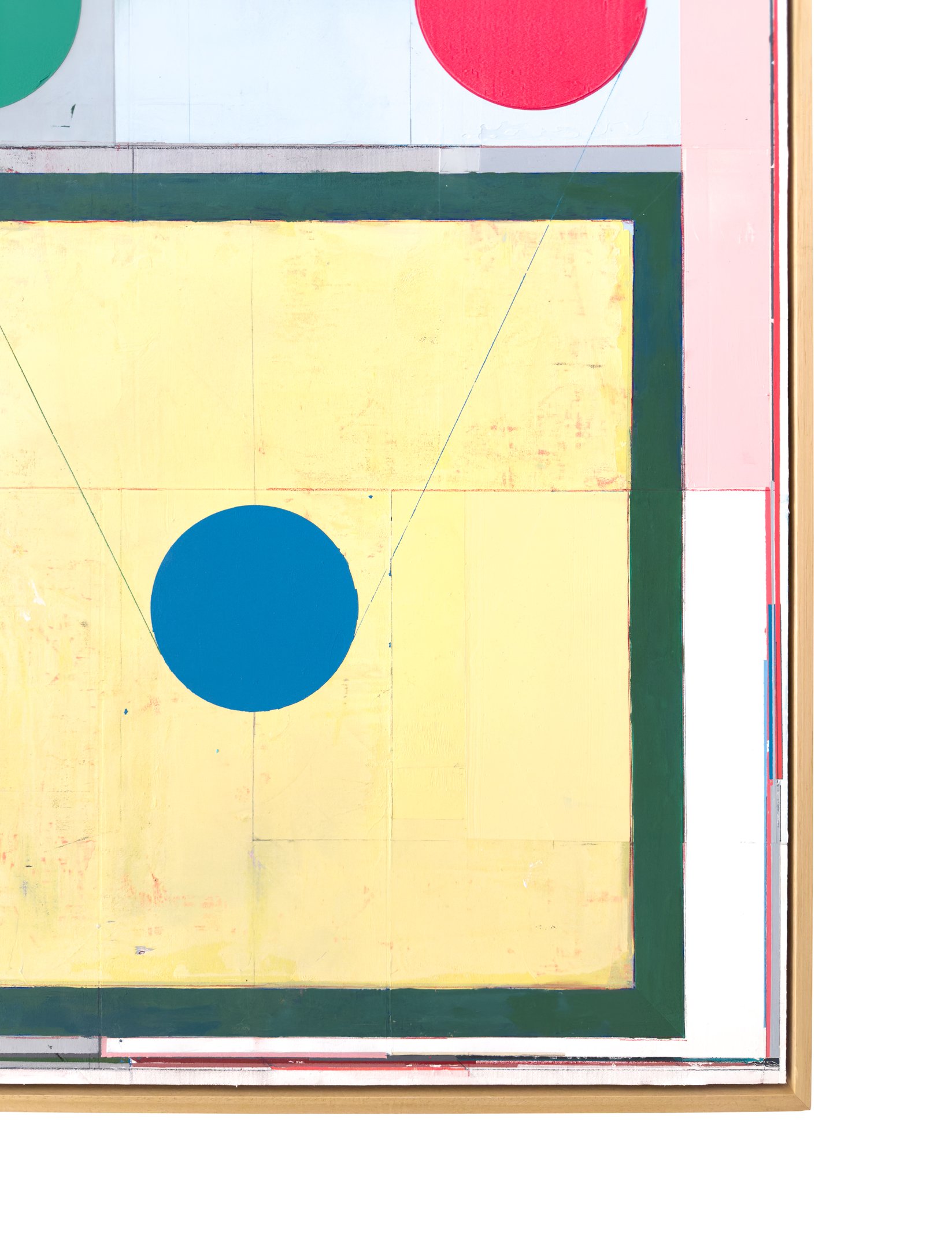 Lower-right detail with blue circle, green border, pale yellow surface and fine drawn lines