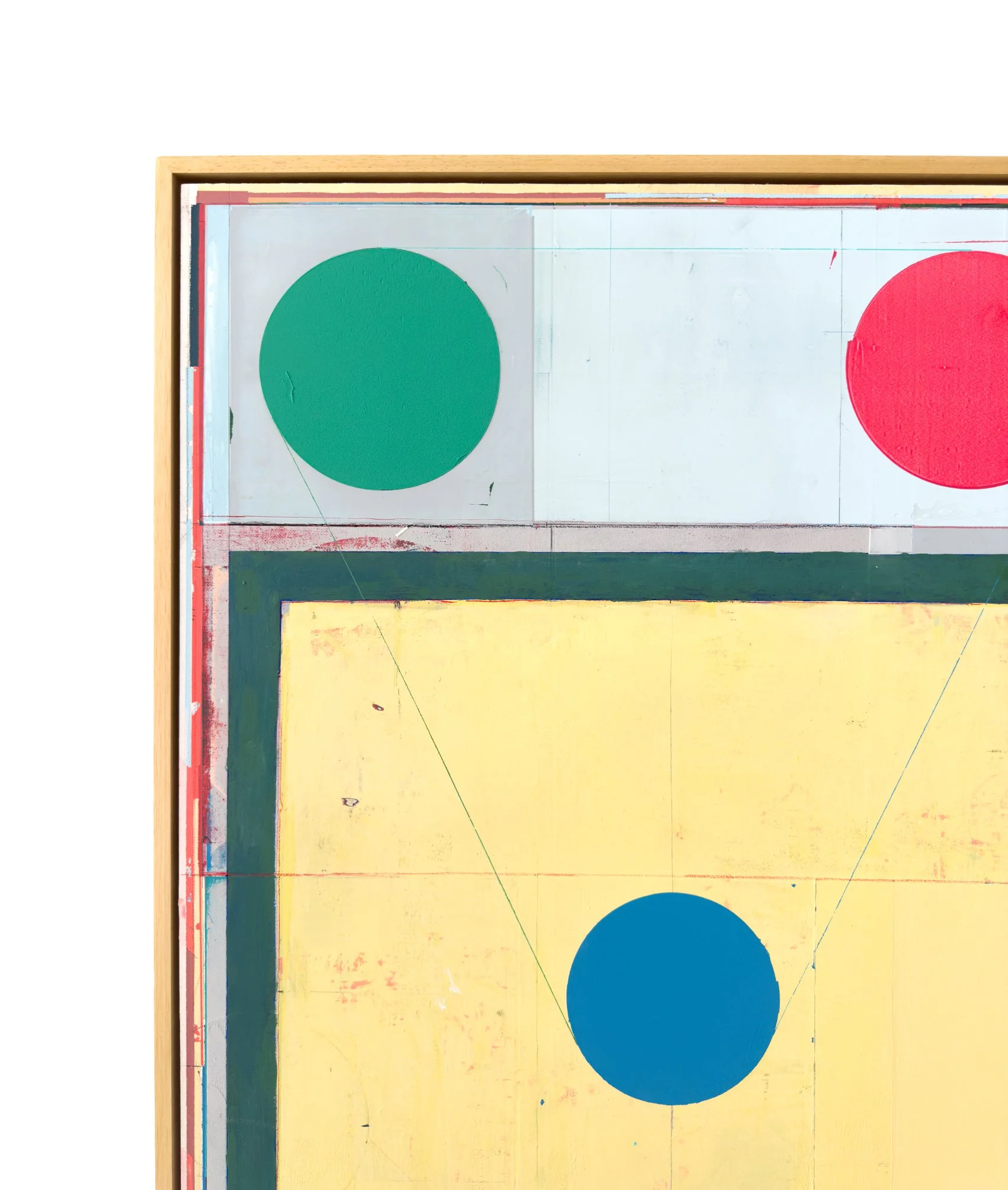 Upper-left detail of Alberto Ruiz Villar painting with green circle, pale blue field and visible process marks