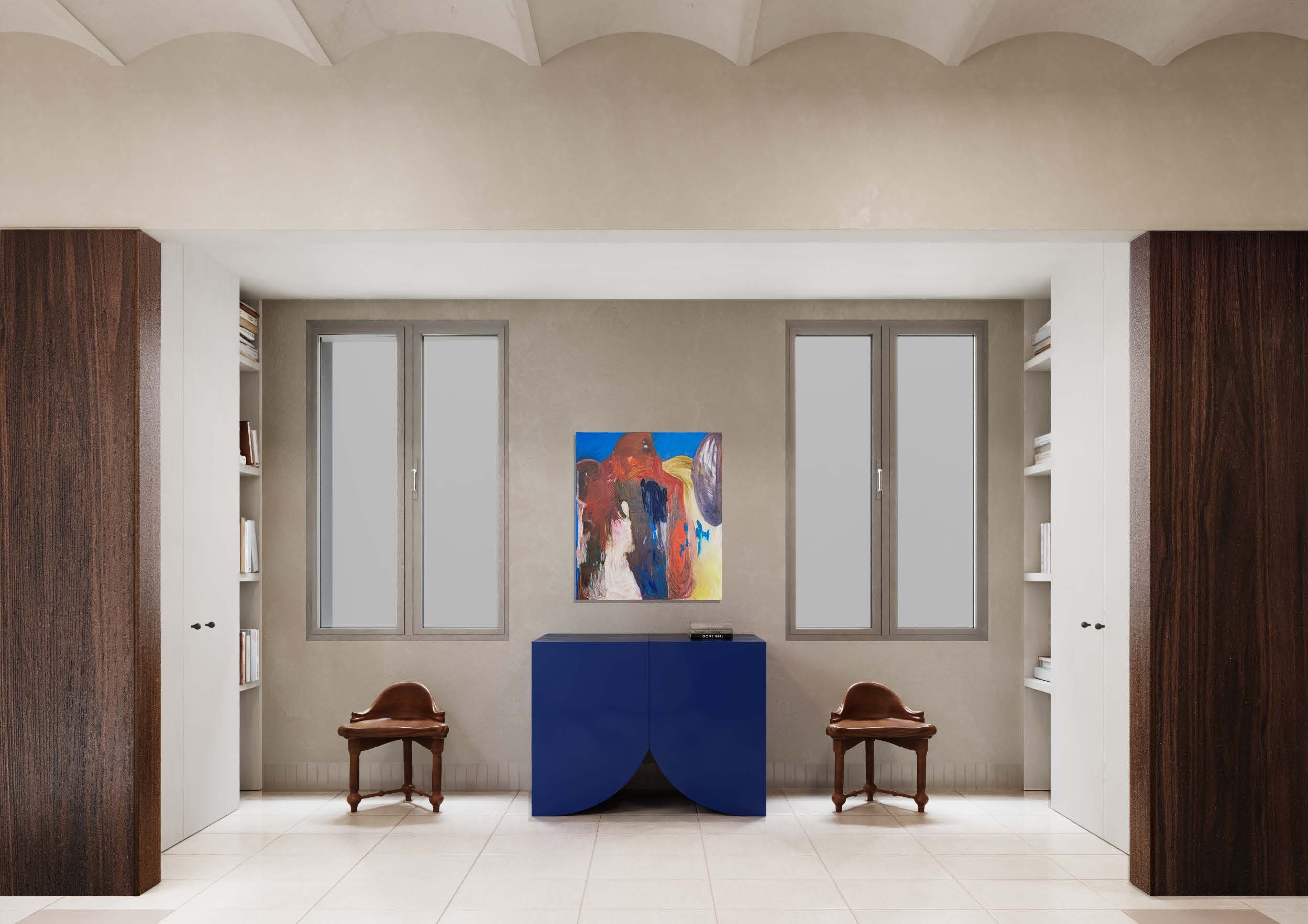 Interior rendering of a Barcelona apartment entry hall with an abstract painting by Nina Akhobadze above a blue BD Barcelona Bridges Small cabinet by Muller Van Severen.