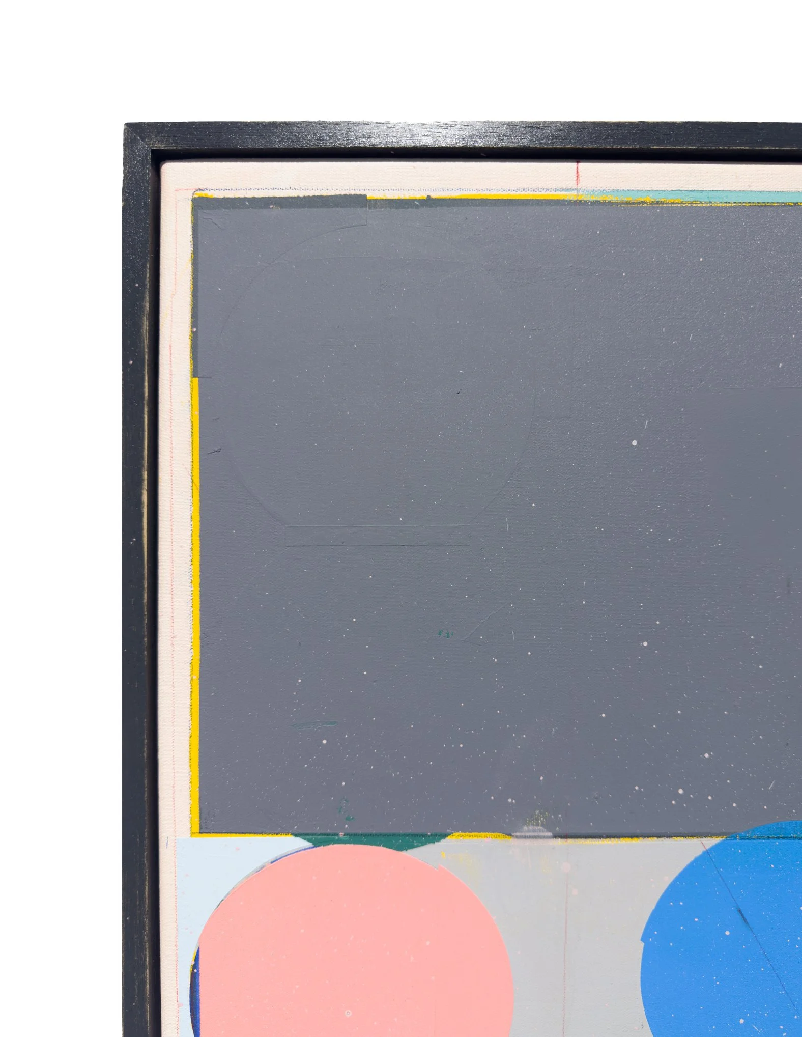 Upper-left detail of 24022026 by Alberto Ruiz Villar, showing grey painted field, yellow edge and surface marks