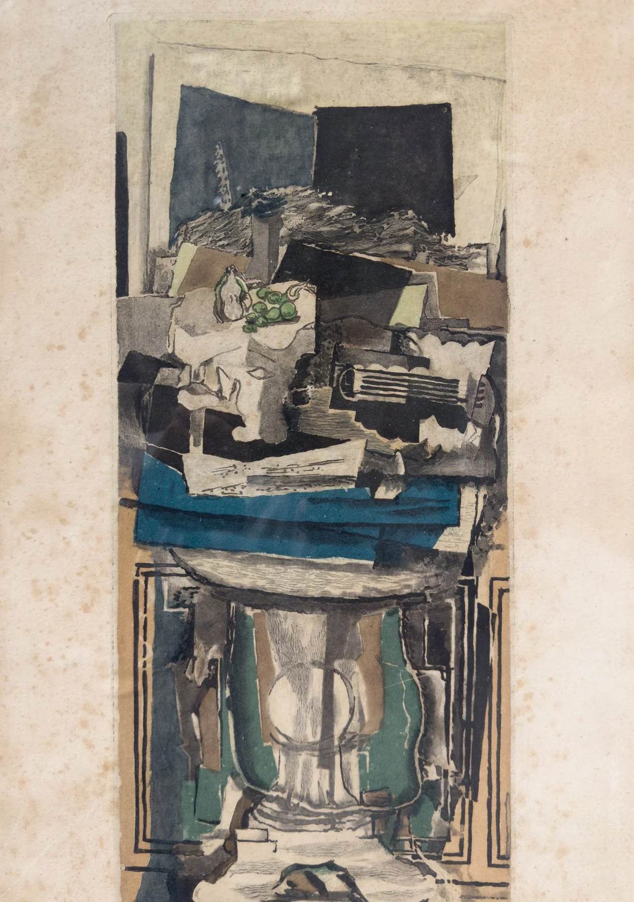 Upper detail of Braque and Villon’s Nature Morte aquatint showing the Cubist still-life elements, layered textures, and original 1923 color tones.