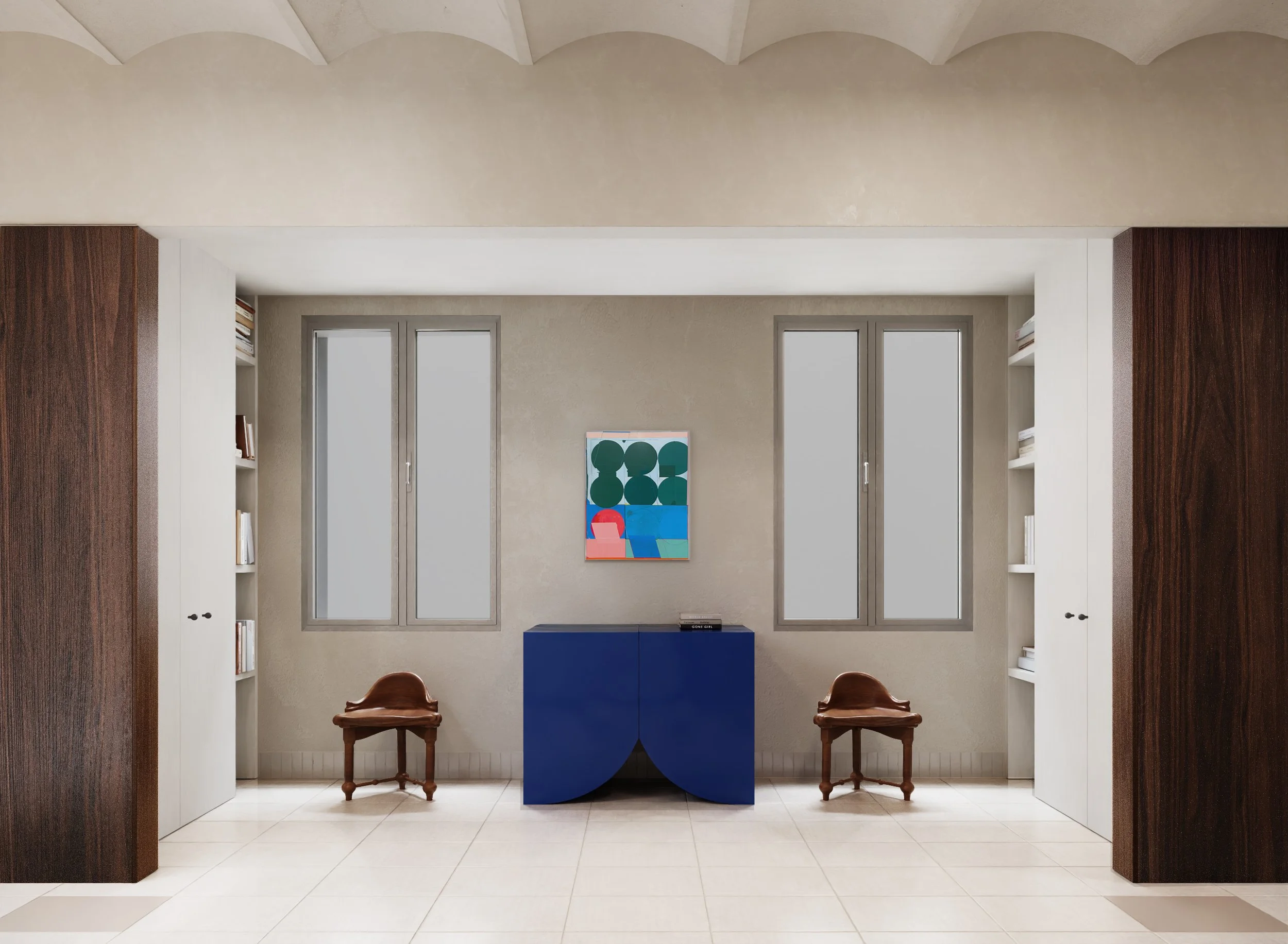 Residential interior rendering with an artwork by Alberto Ruiz Villar placed between two windows above a blue BD Barcelona Bridges Small cabinet by Muller Van Severen.