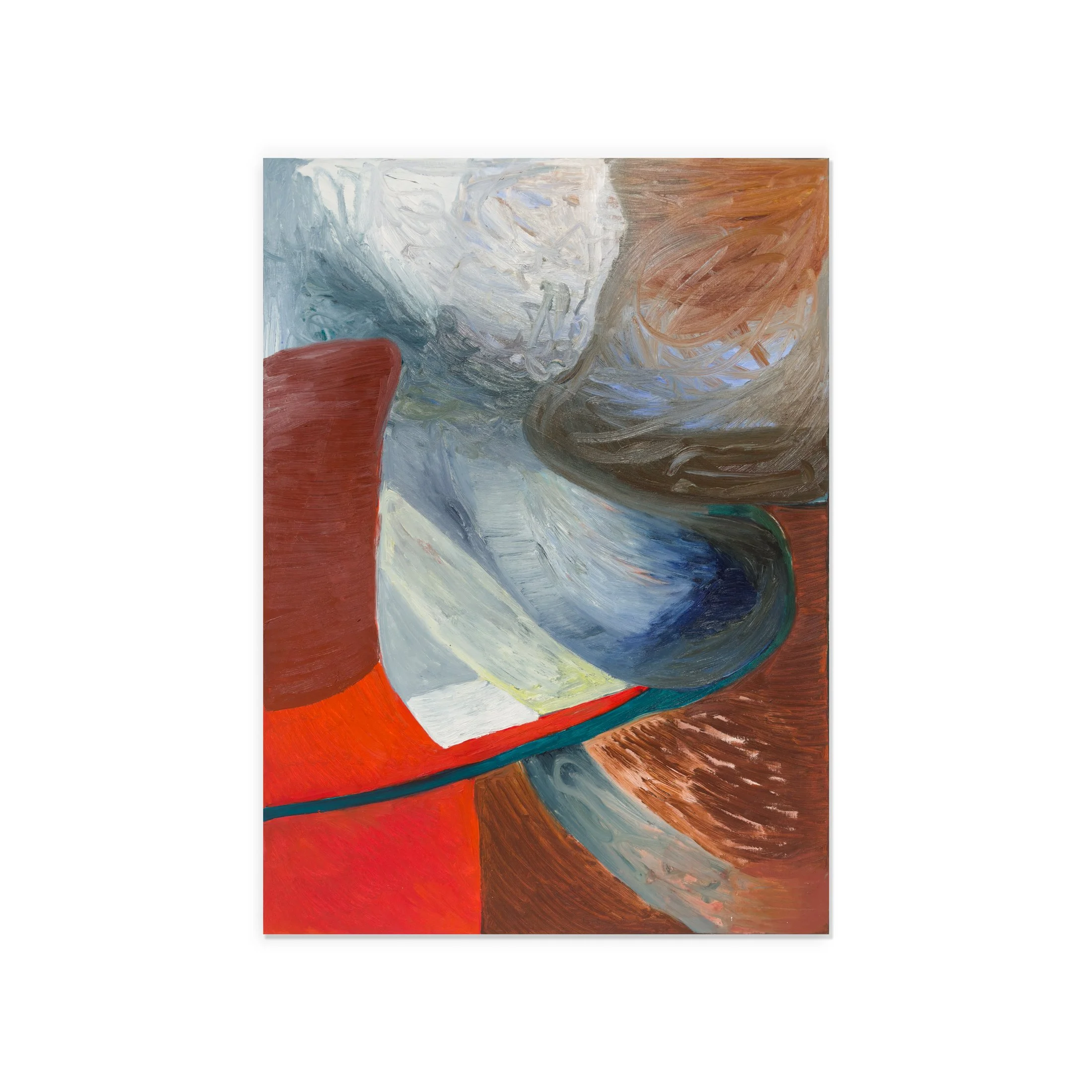 Full view of Nina Akhobadze’s Untitled 04, an abstract painting in brown and red tones where organic shapes press against each other with raw textures.