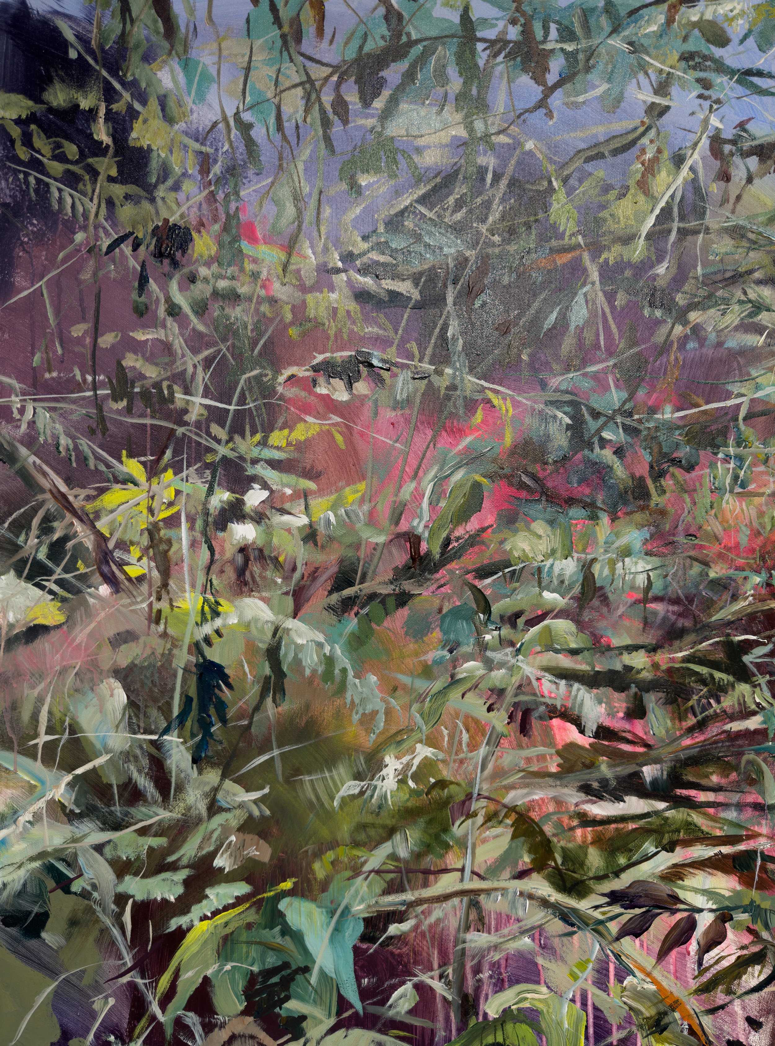 Close-up of intricate branchwork in Lori Goldberg's painting, showcasing layered foliage against an ombre backdrop
