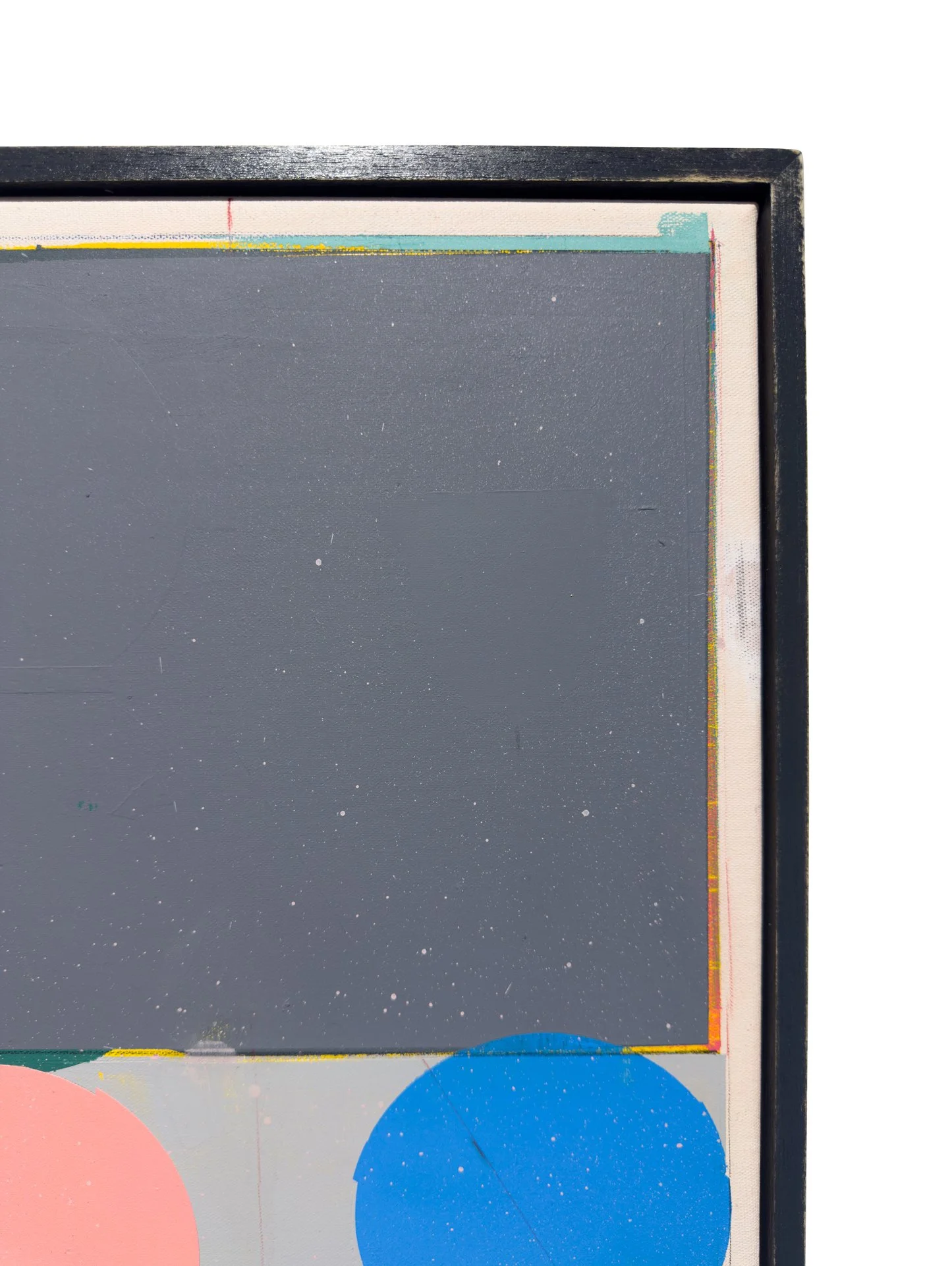 Upper-right detail of Alberto Ruiz Villar’s 24022026, with grey field, blue circle and layered painted border