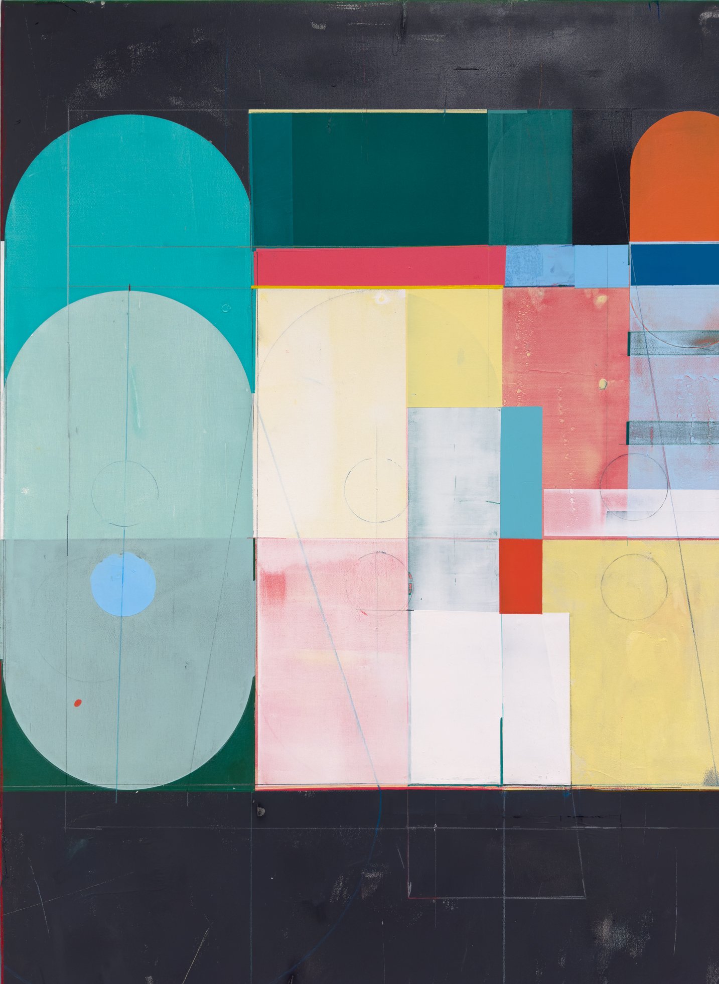 Left-side detail of Alberto Ruiz Villar’s abstract painting showing shifted geometry and layered color for design-focused interiors.