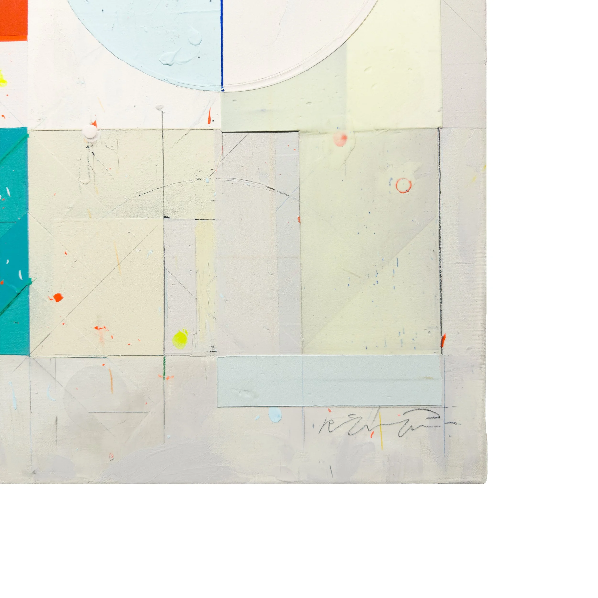 Lower-right detail of Alberto Ruiz Villar painting with pastel rectangles, graphite lines, signature and layered surface