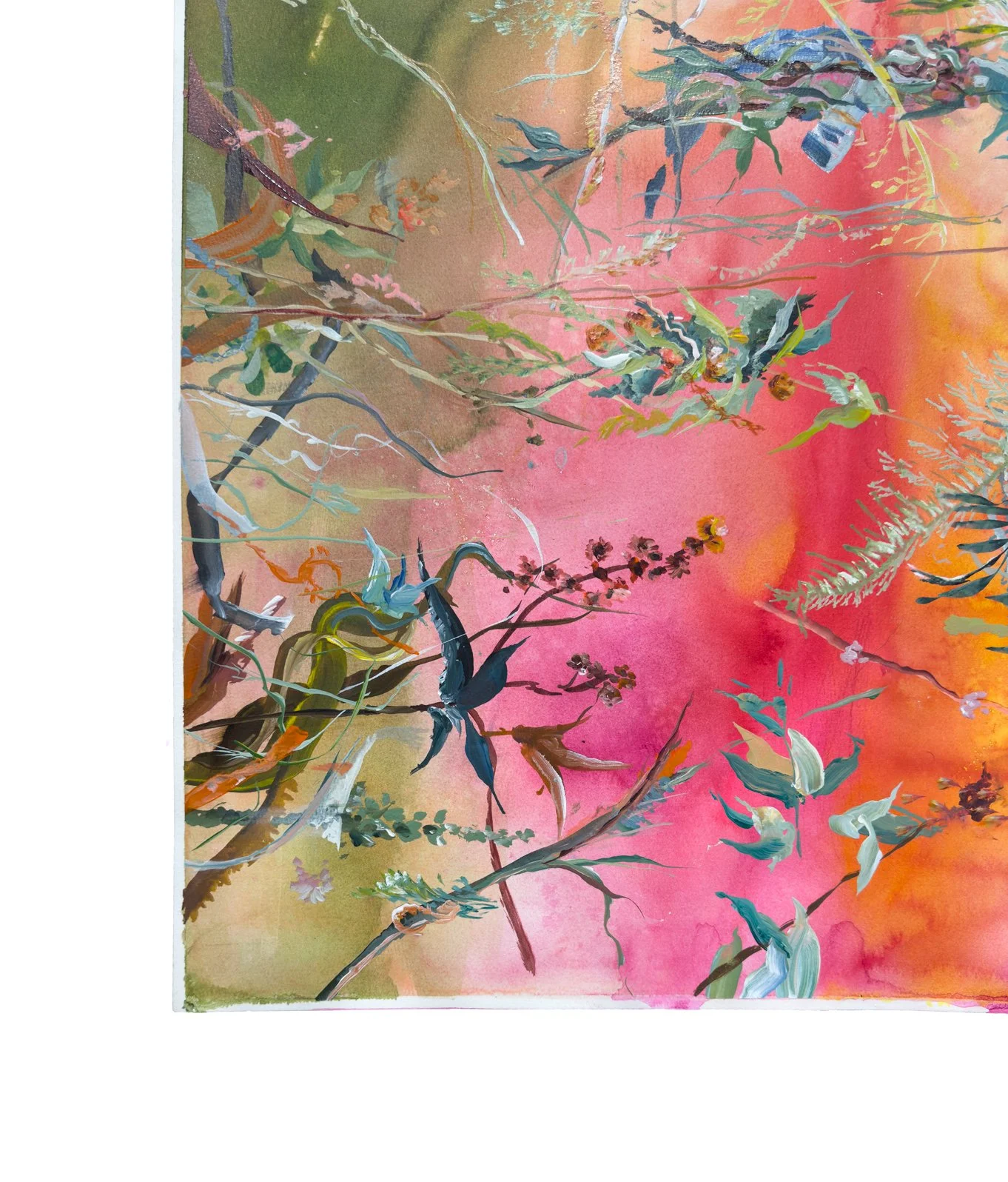 Close-up of the left side of the painting, showing vegetal shapes layered over gradients of green and red watercolor washes.